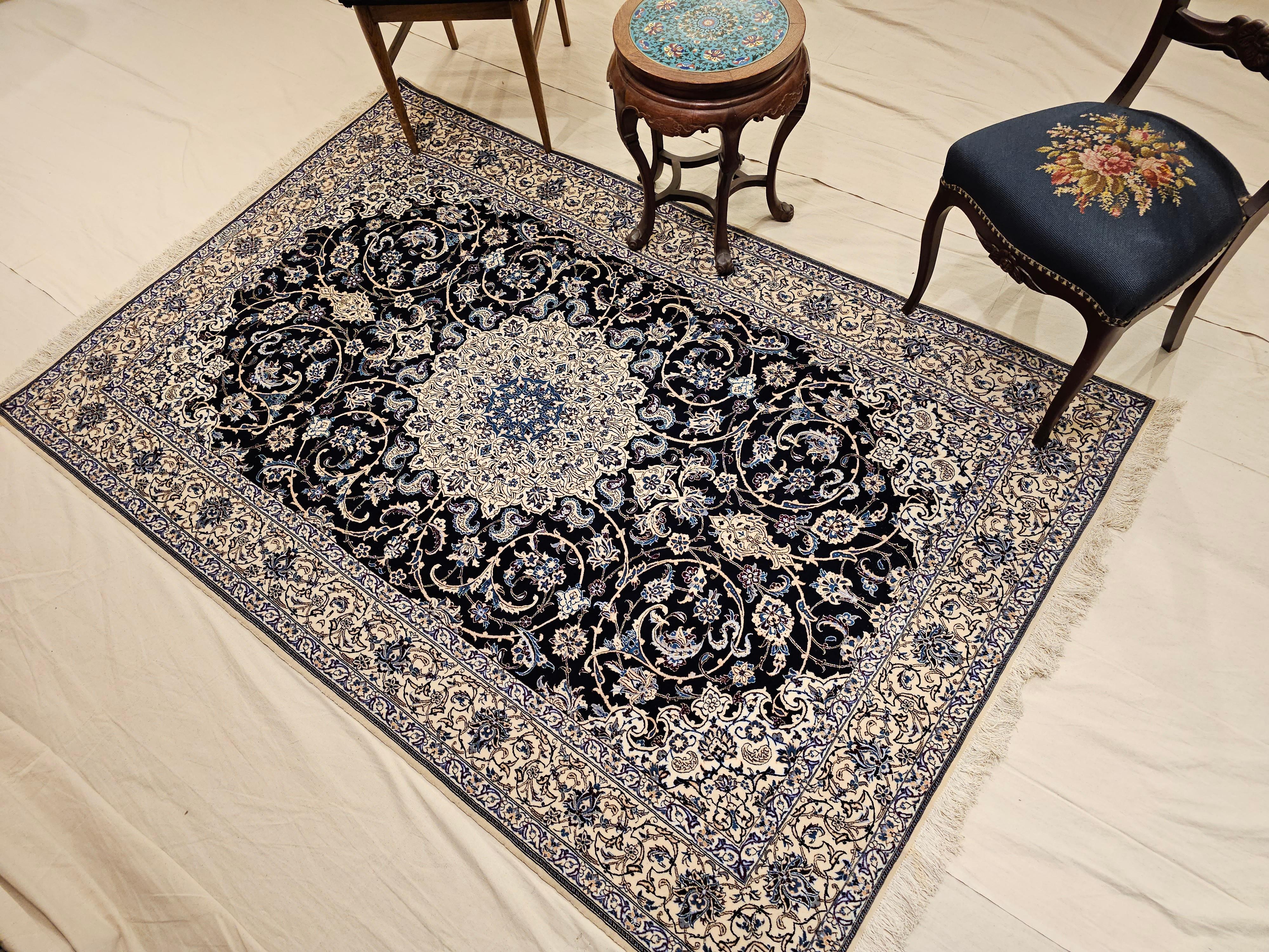 Vintage Persian Nain Habibian Area Rug in Floral Pattern in Navy, Ivory, Blue For Sale 4