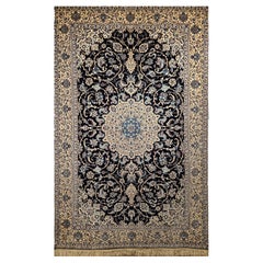 Retro Persian Nain Habibian Area Rug in Floral Pattern in Navy, Ivory, Blue