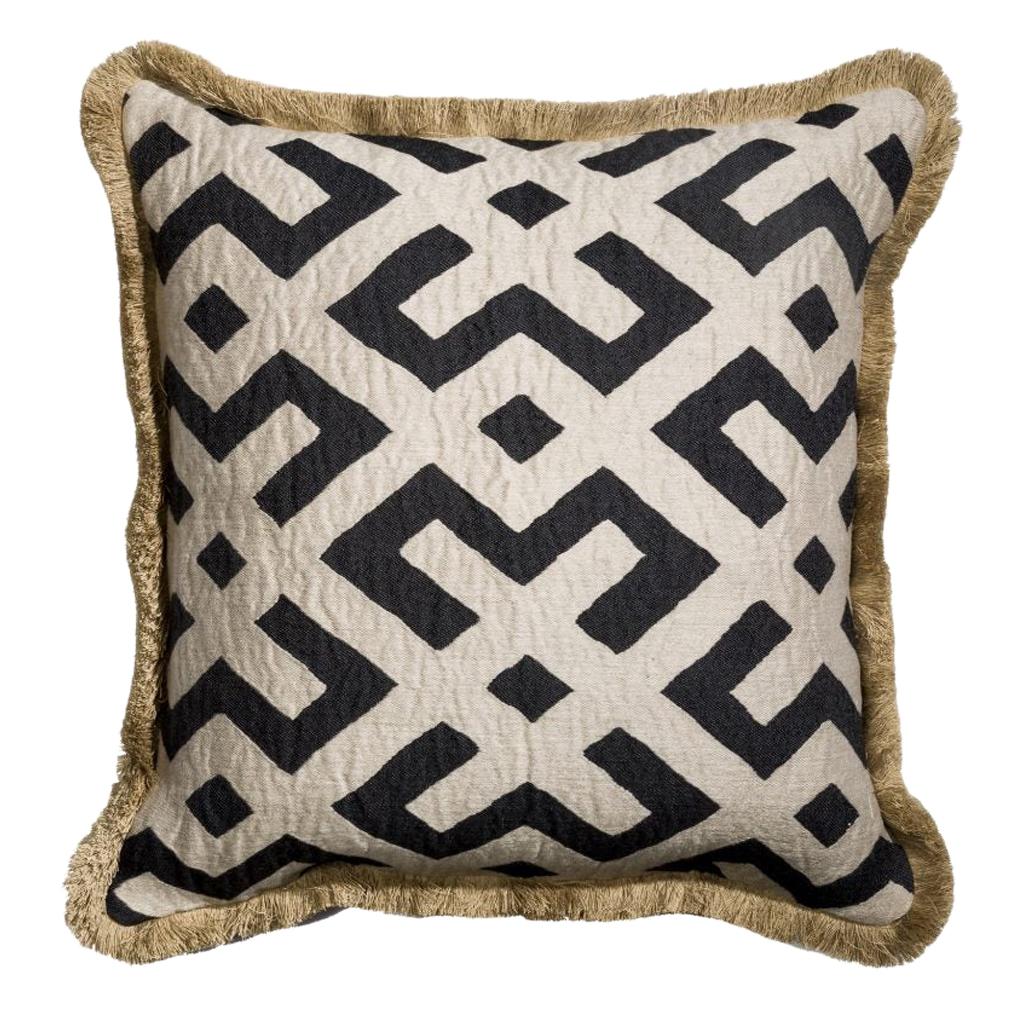 Nairobi Sable African Ethnic Inspired Geometric Black and Beige Pillow/Cushion For Sale