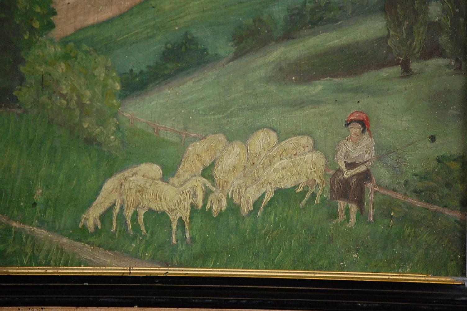 Naïve 19th century oil on canvas, unstretchered, over board and under glass, depicting Mary and her little lamb(s), minor paint loss, and craquelure. Some losses to frame. Unattributed. Measurement includes frame, English, circa 1890.