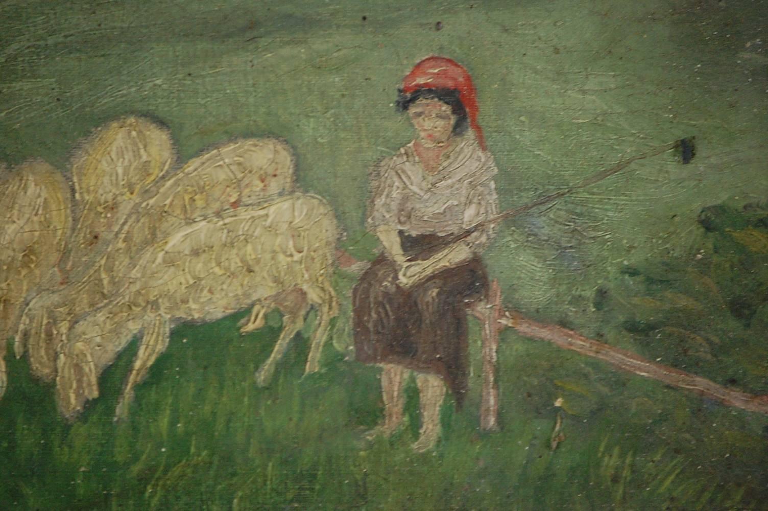 Naive 19th Century Oil on Canvas Mary and Lambs In Good Condition In Pease pottage, West Sussex