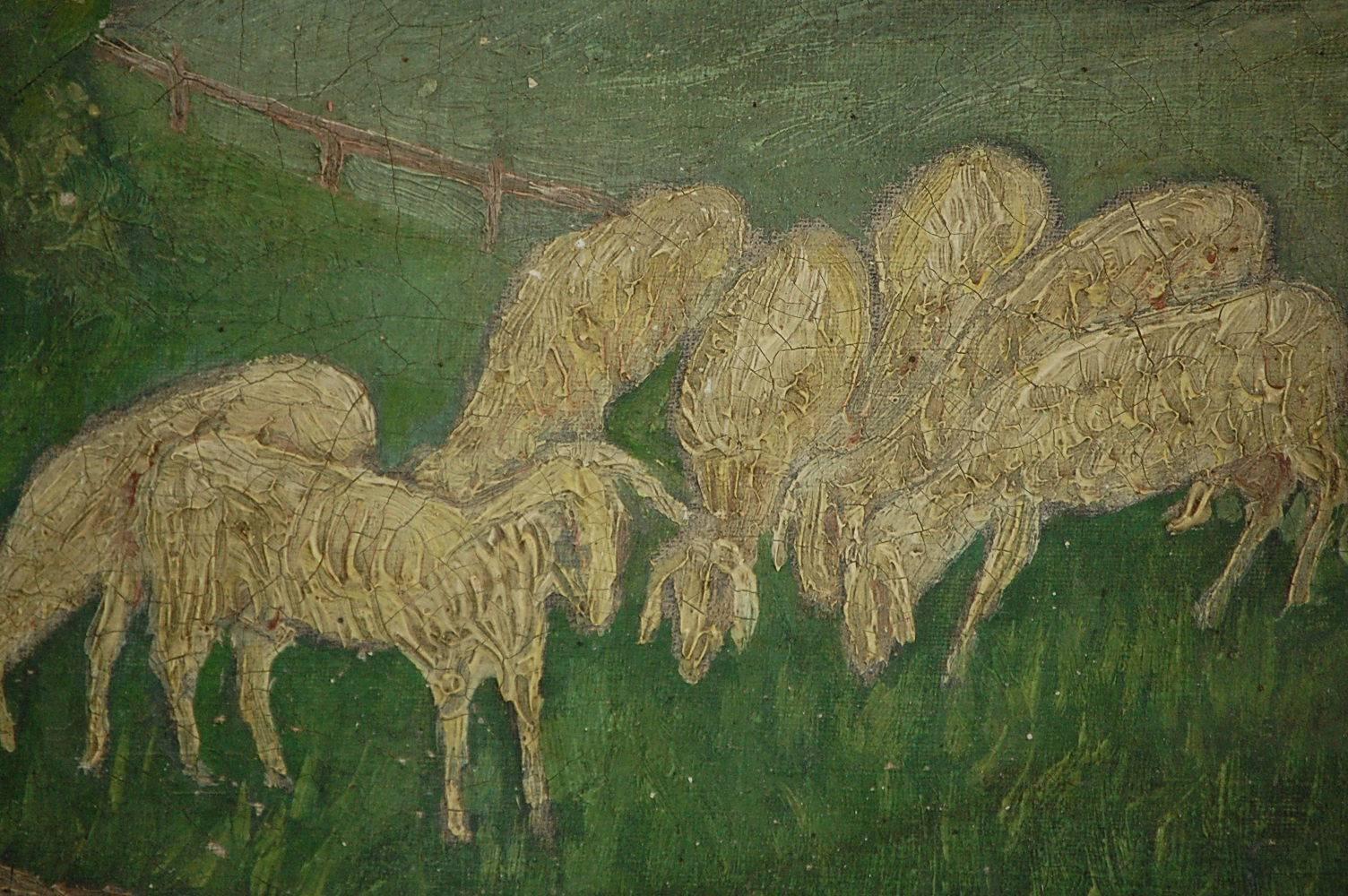 Naive 19th Century Oil on Canvas Mary and Lambs 1