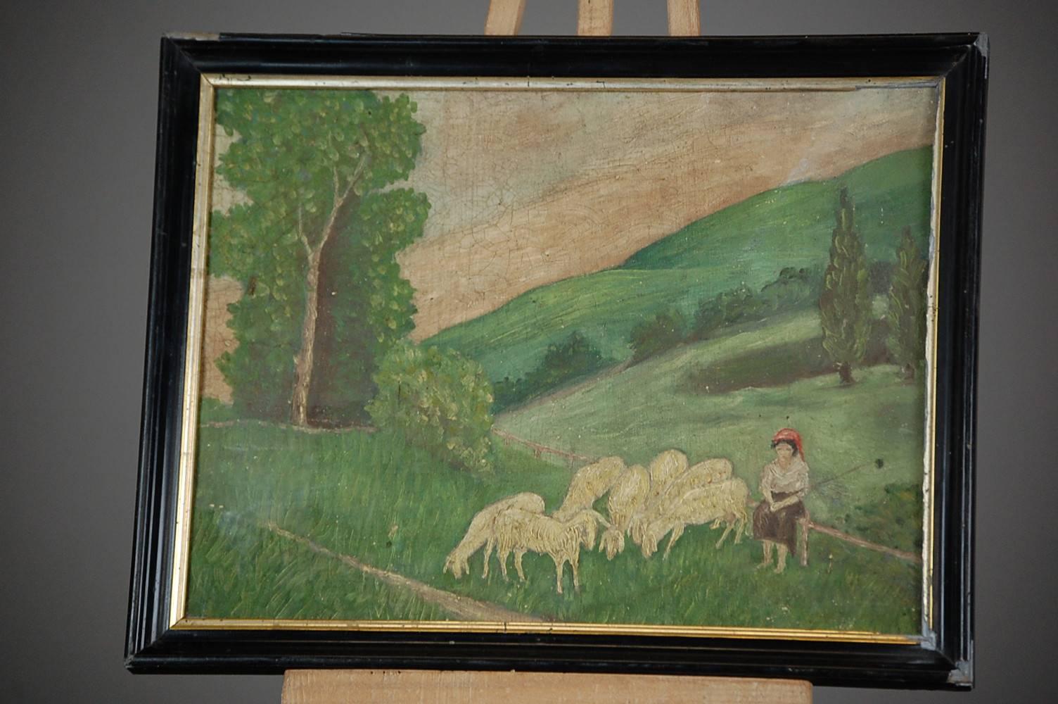 Naive 19th Century Oil on Canvas Mary and Lambs 2