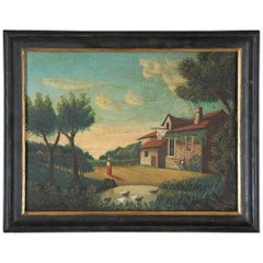 Naive 19th Century Oil on Canvas Painting Homestead