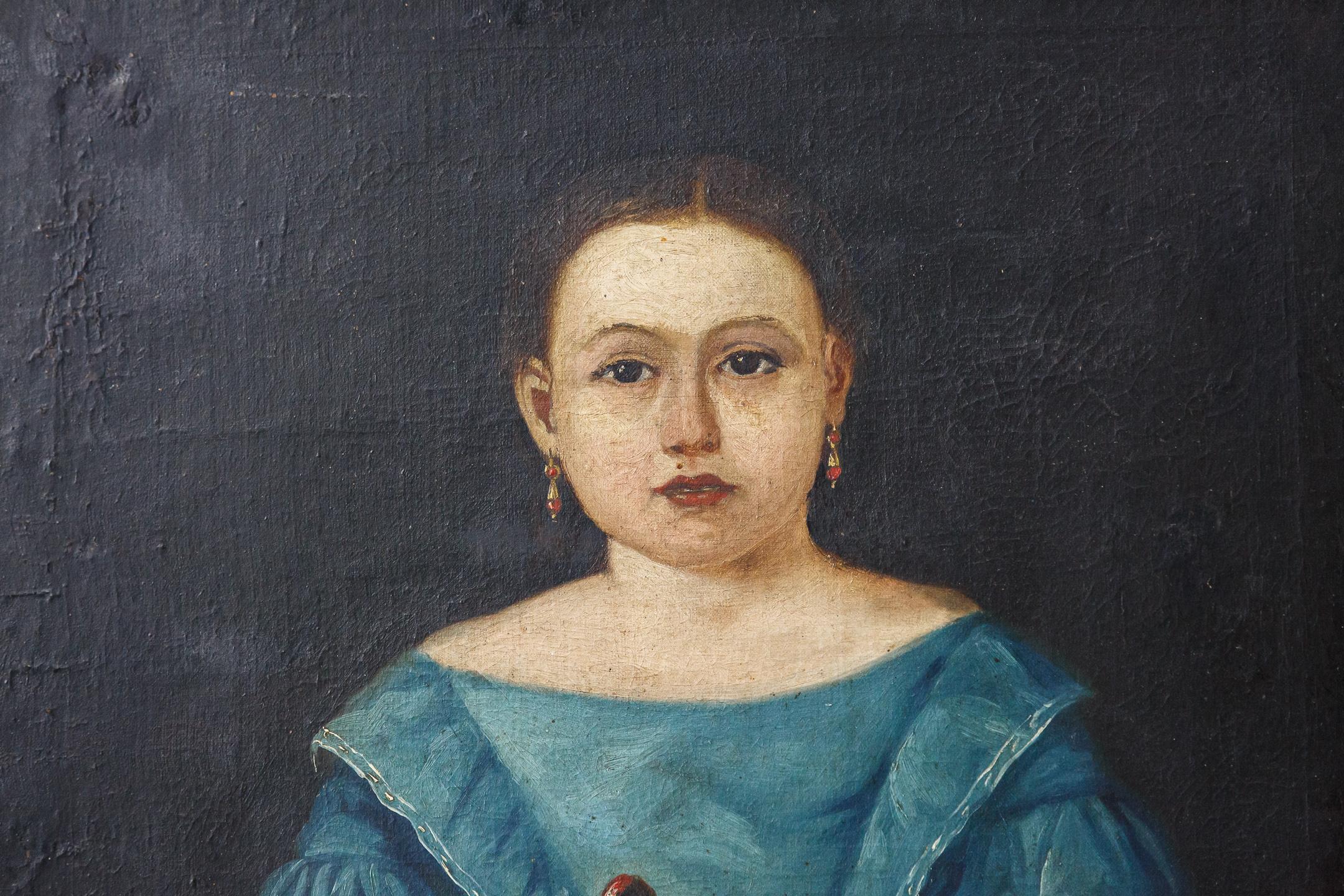 Painted Naive 19th Century Oil on Canvas Portrait of a Girl Holding a Bird