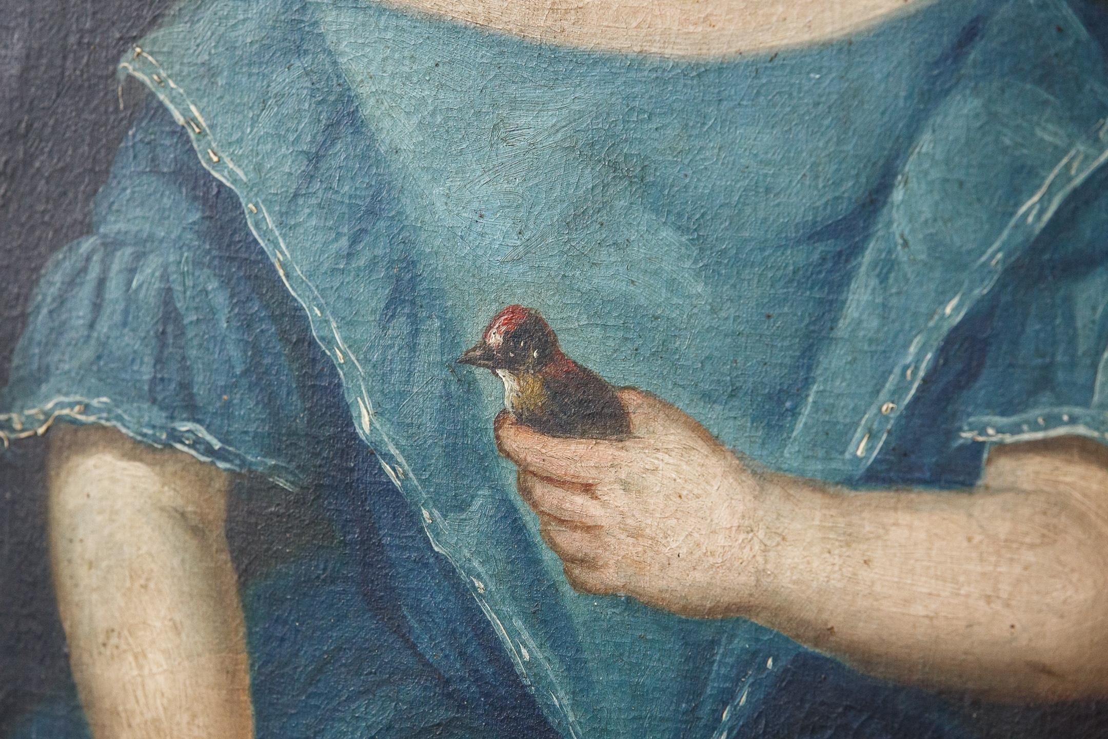Naive 19th Century Oil on Canvas Portrait of a Girl Holding a Bird 3