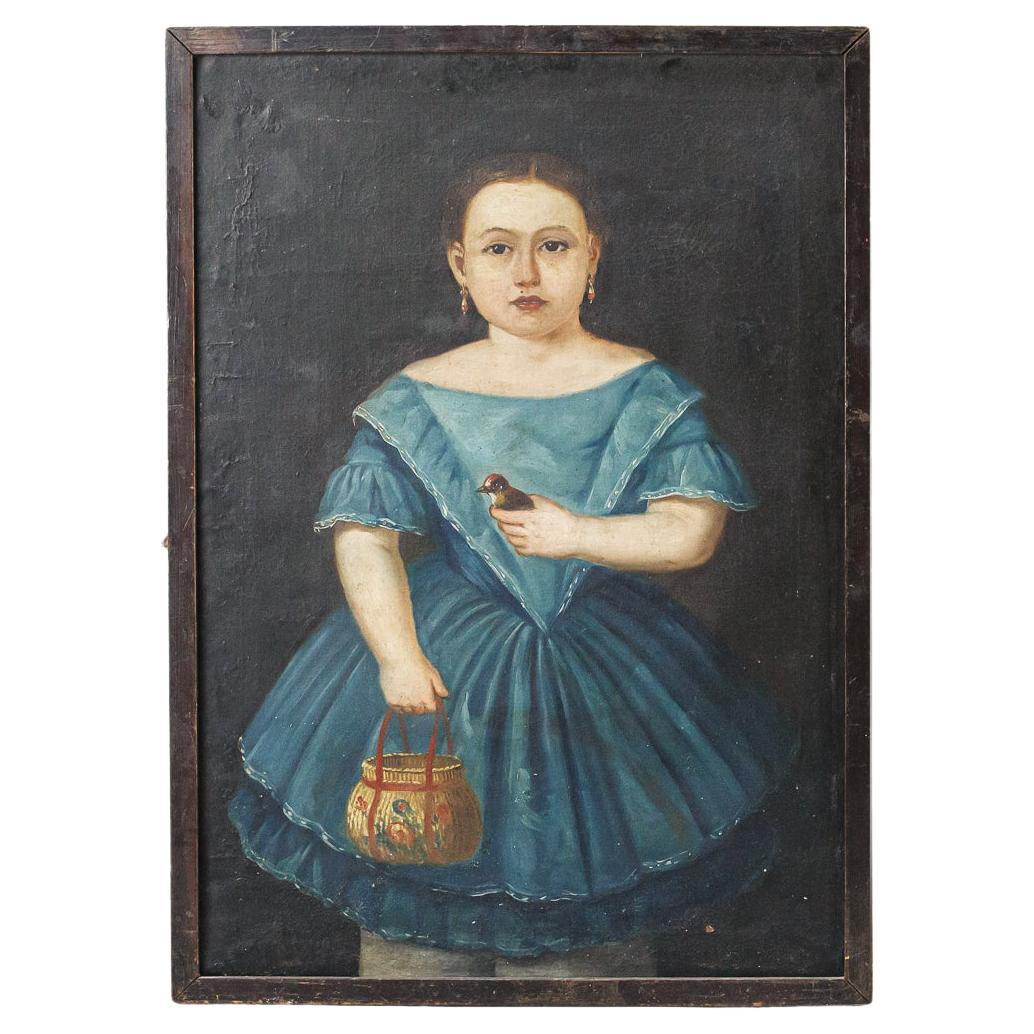 Naive 19th Century Oil on Canvas Portrait of a Girl Holding a Bird