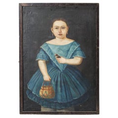 Naive 19th Century Oil on Canvas Portrait of a Girl Holding a Bird
