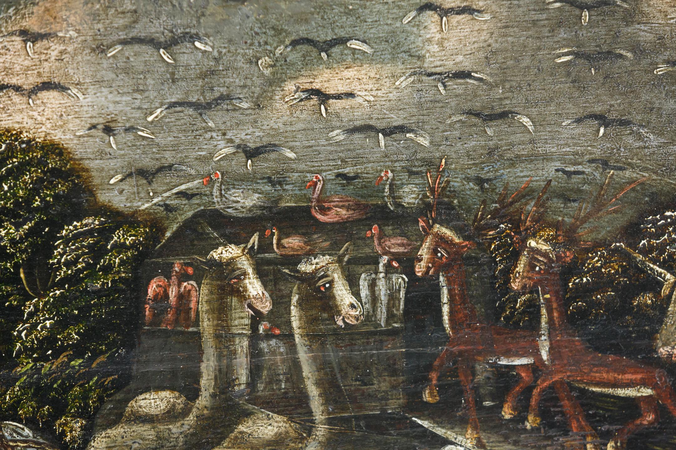 Huile sur panneau naïve du 19e siècle représentant l'arche de Noé en vente 6