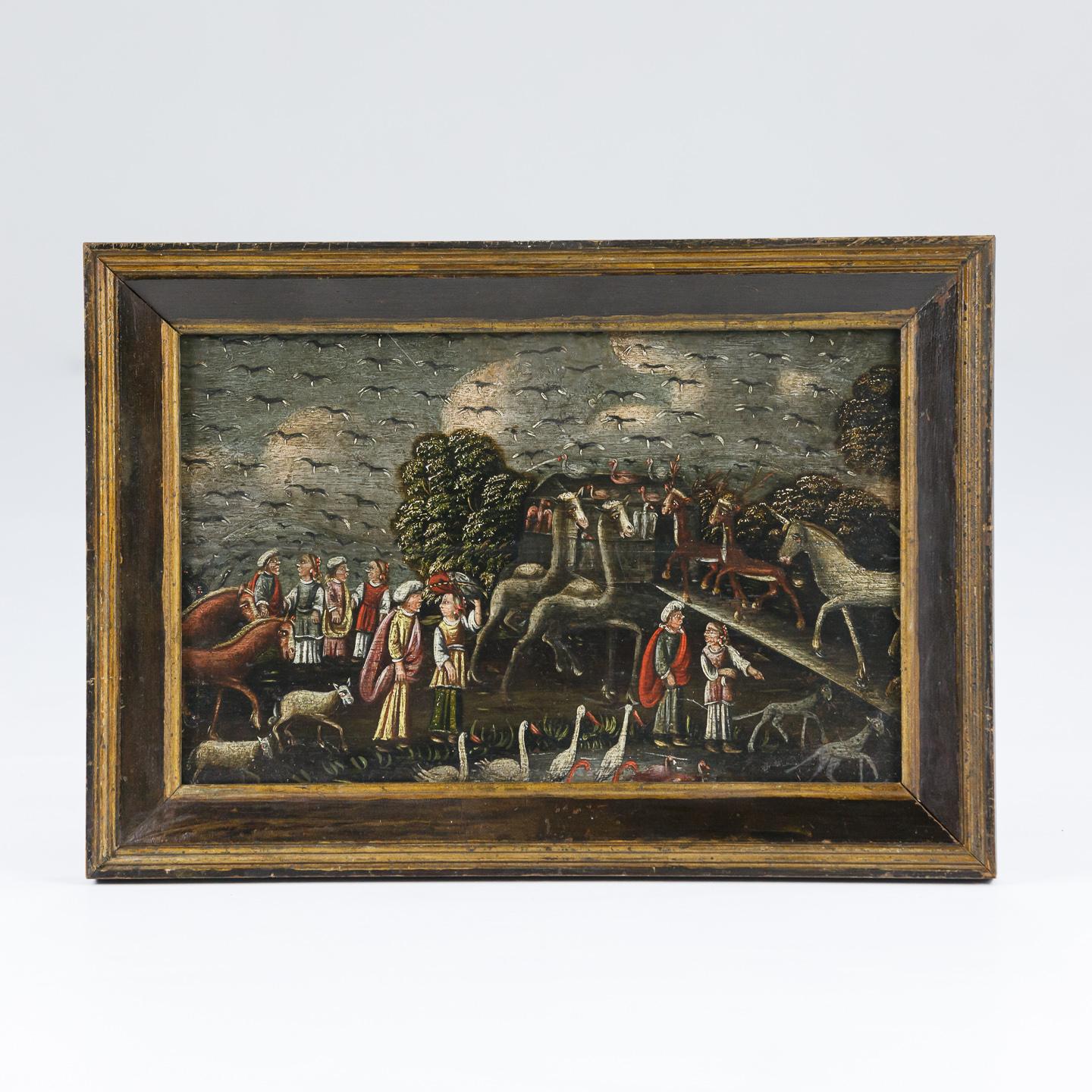 Huile primitive du 19e siècle sur panneau représentant l'Arche de Noé, cadre d'origine.
Les animaux qui montent à bord de l'Arche, y compris une licorne, donnent une impression merveilleuse d'excentricité.
Récemment nettoyé et restauré
France, vers