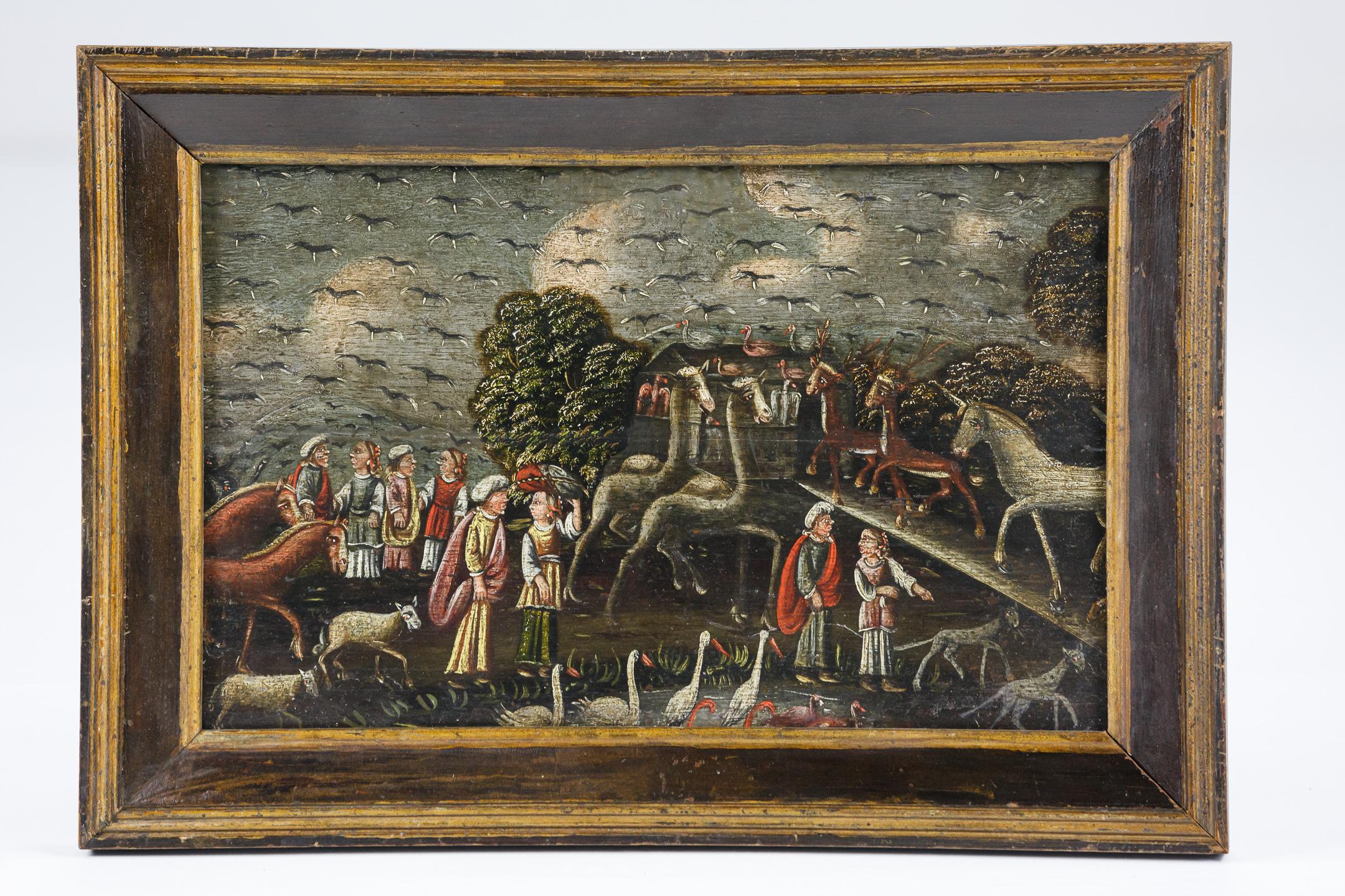 Peint Huile sur panneau naïve du 19e siècle représentant l'arche de Noé en vente