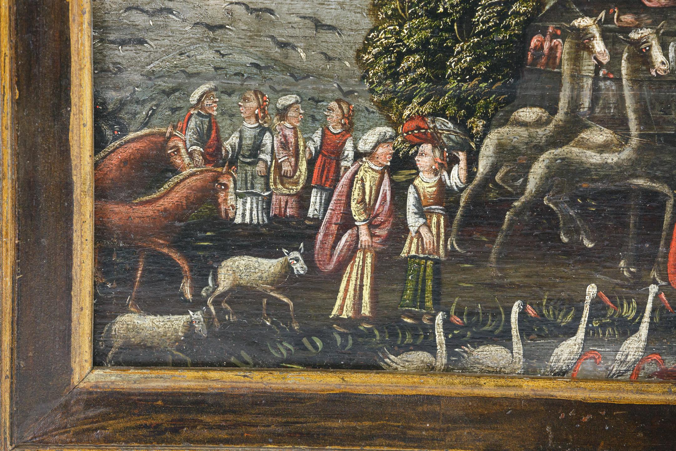 Huile sur panneau naïve du 19e siècle représentant l'arche de Noé en vente 2