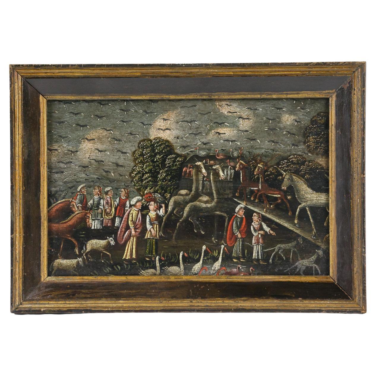 Huile sur panneau naïve du 19e siècle représentant l'arche de Noé en vente