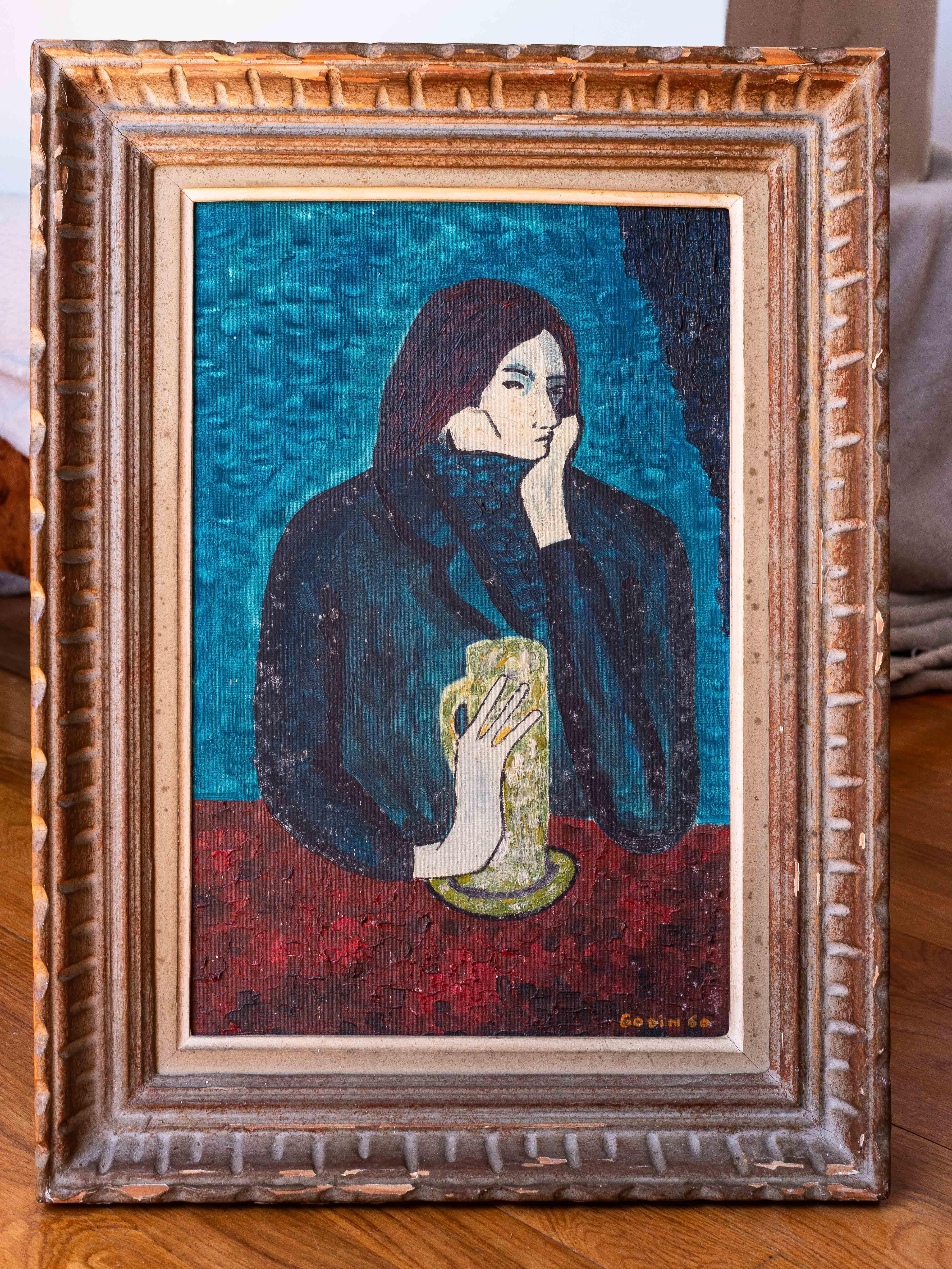 Naïve Art Gouache Painting, Female Portrait - Picasso Tribute, Signed Godin 1960 For Sale 4
