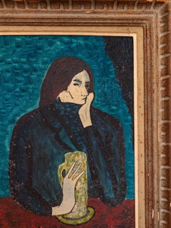 Naïve Art Gouache Painting, Female Portrait - Picasso Tribute, Signed Godin 1960