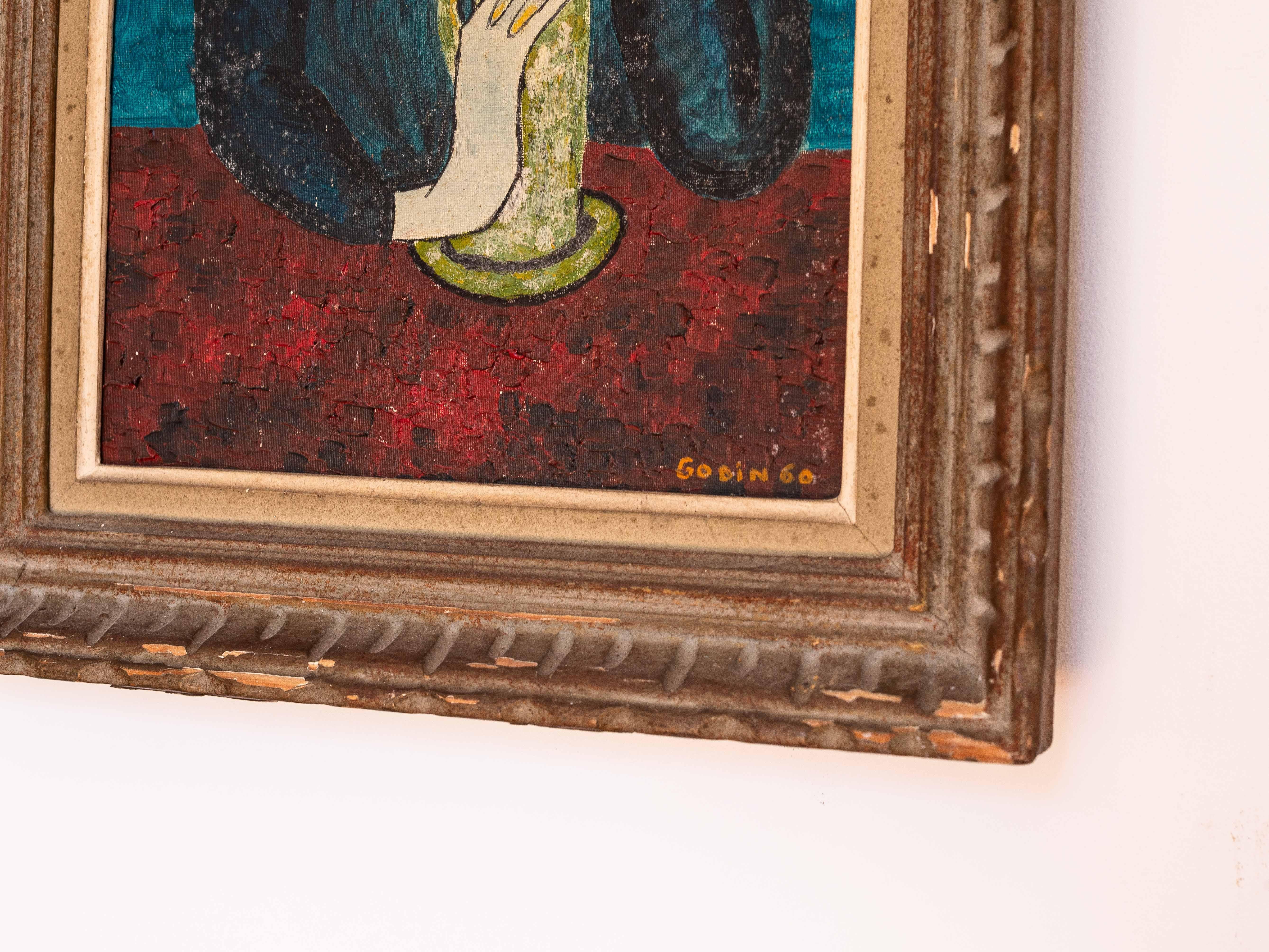 Mid-Century Modern Naïve Art Gouache Painting, Female Portrait - Picasso Tribute, Signed Godin 1960 For Sale