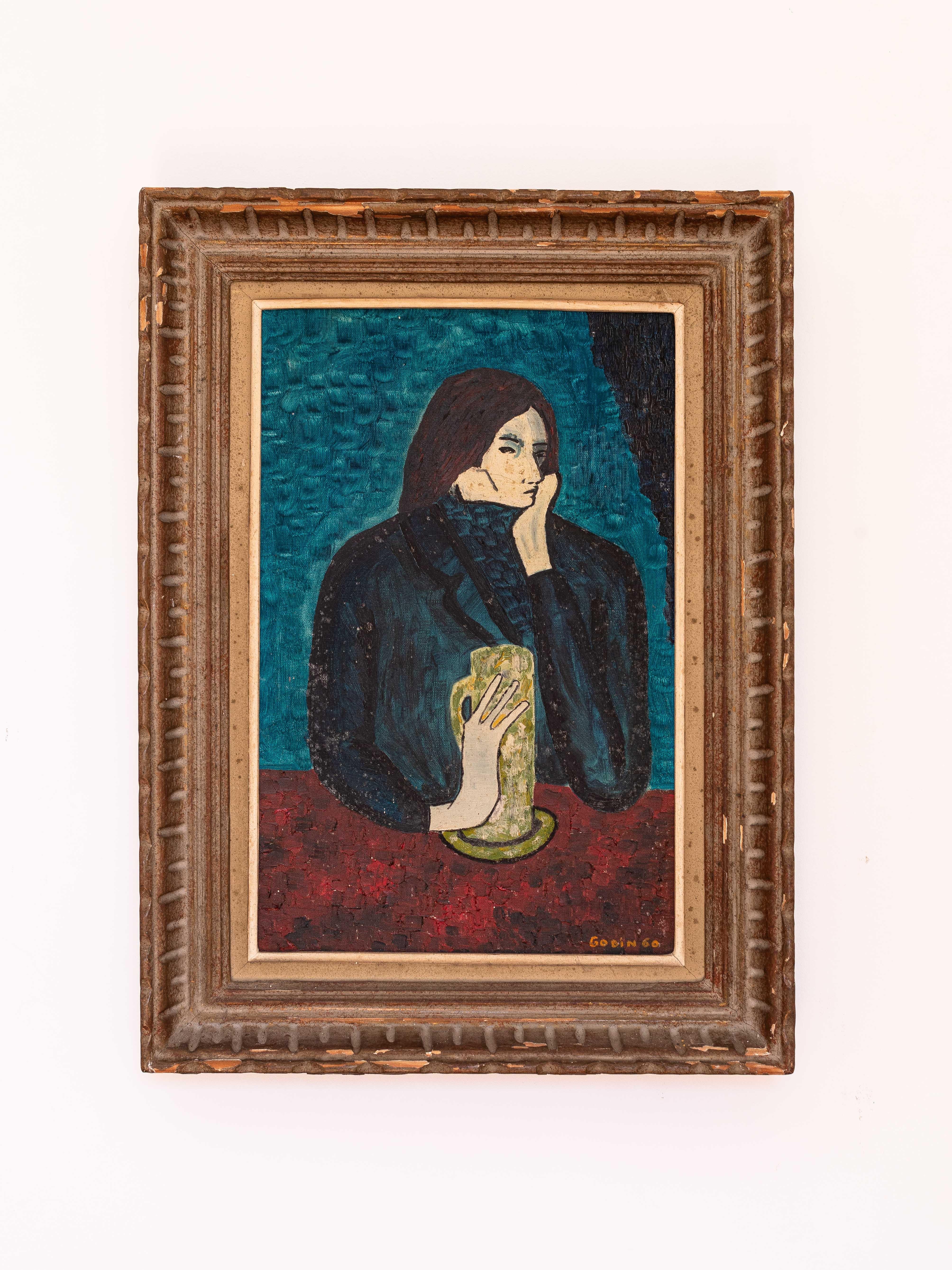 French Naïve Art Gouache Painting, Female Portrait - Picasso Tribute, Signed Godin 1960 For Sale