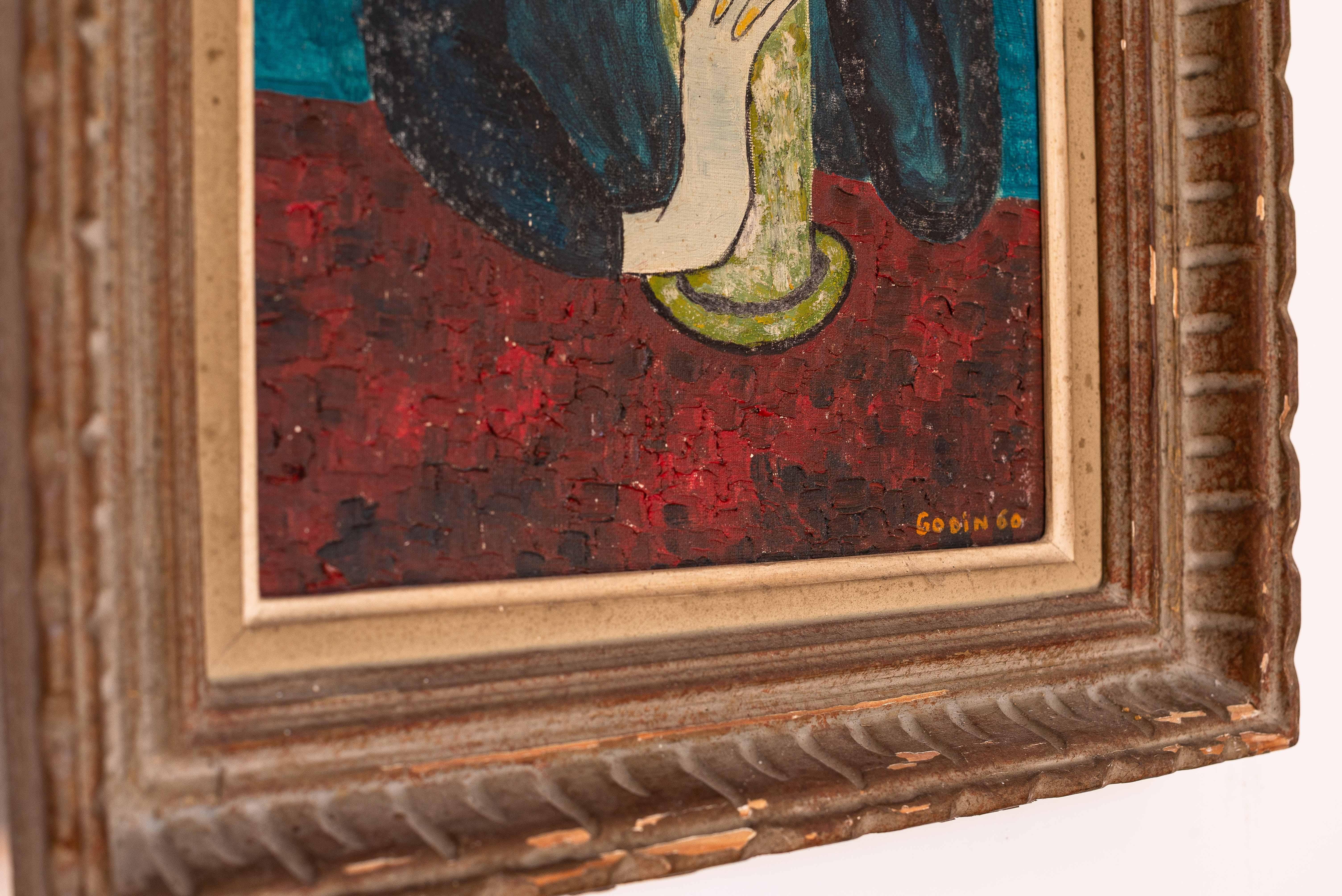 Hand-Crafted Naïve Art Gouache Painting, Female Portrait - Picasso Tribute, Signed Godin 1960 For Sale