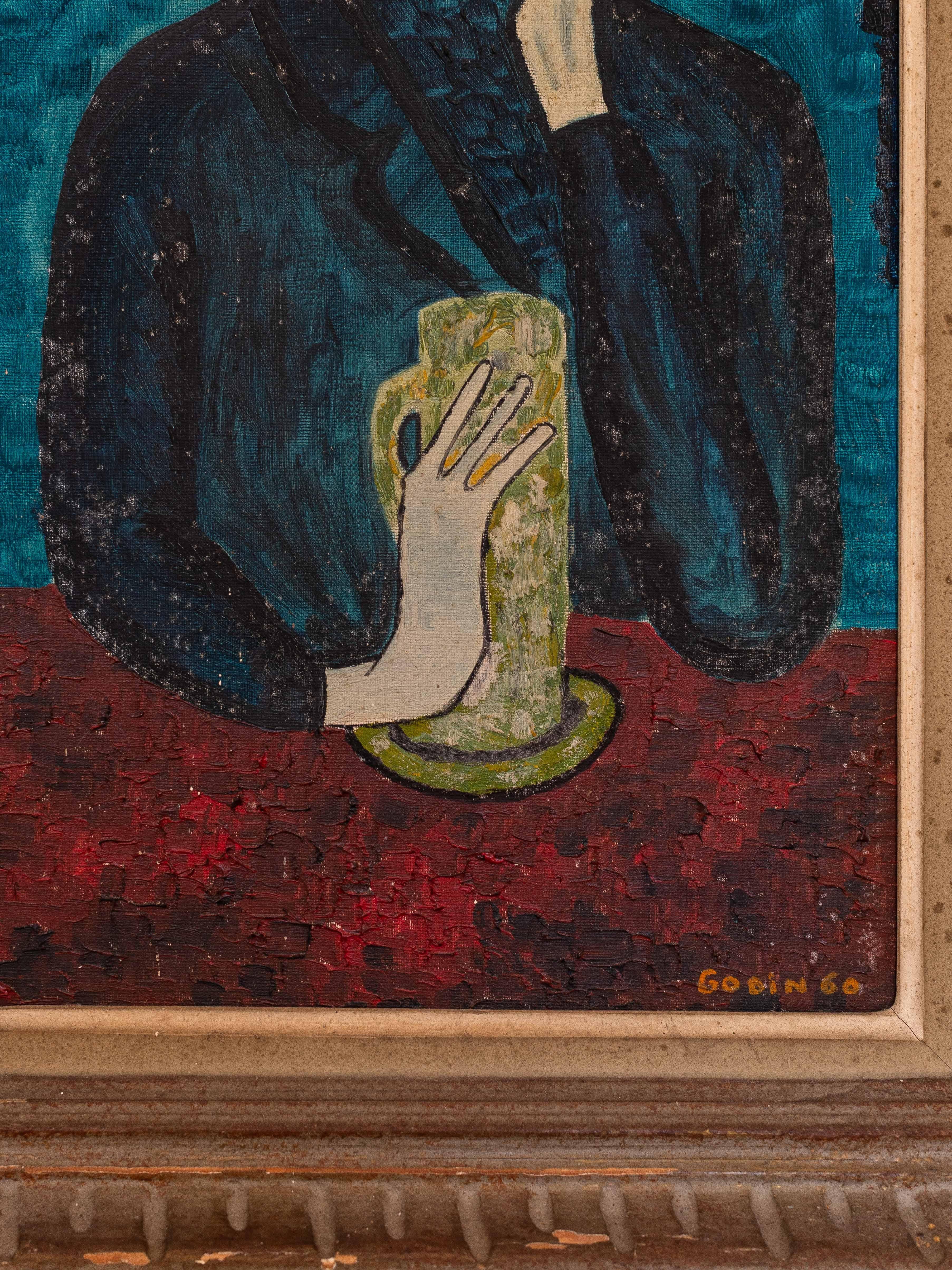 Naïve Art Gouache Painting, Female Portrait - Picasso Tribute, Signed Godin 1960 In Good Condition For Sale In ROUEN, Normandie
