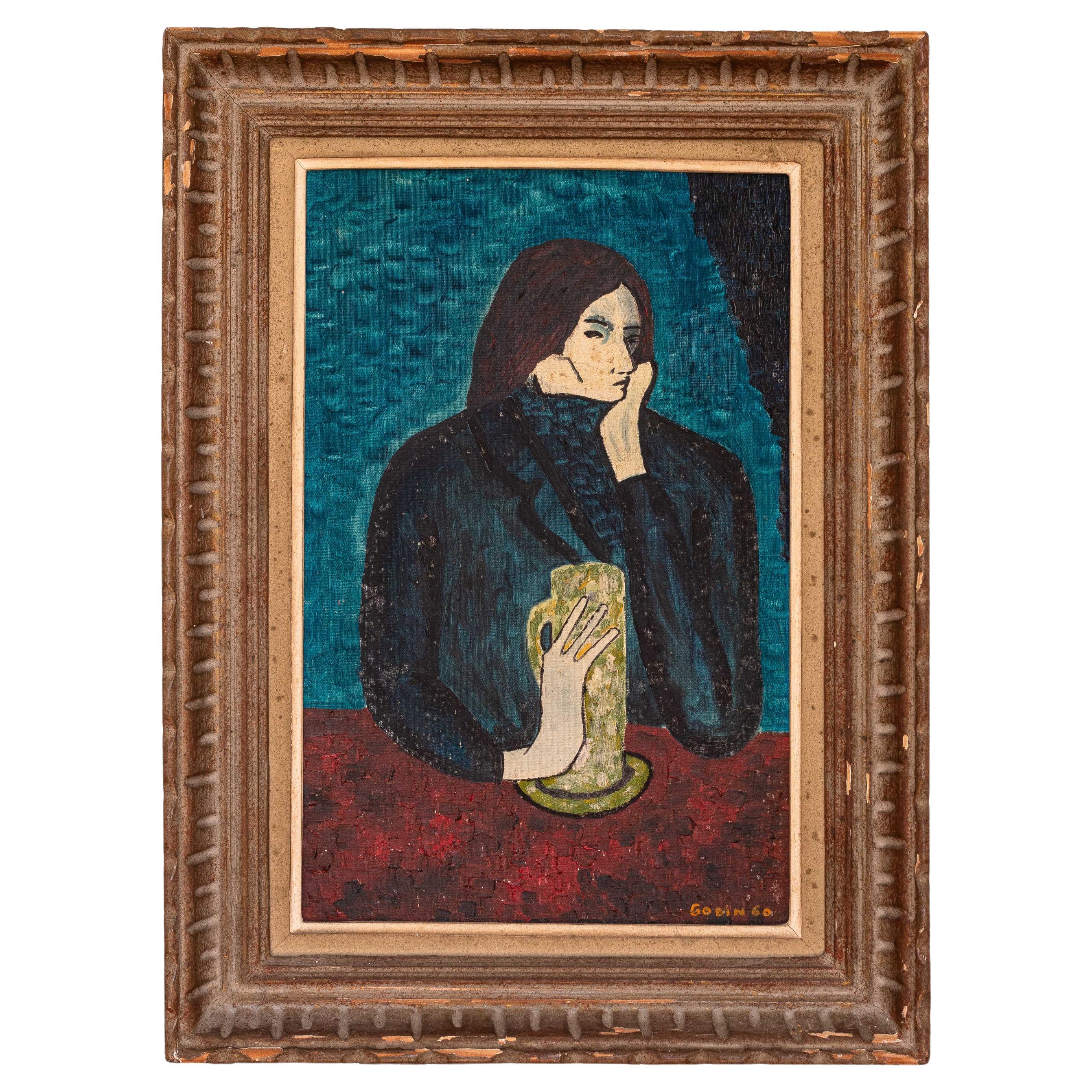 Naïve Art Gouache Painting, Female Portrait - Picasso Tribute, Signed Godin 1960 For Sale