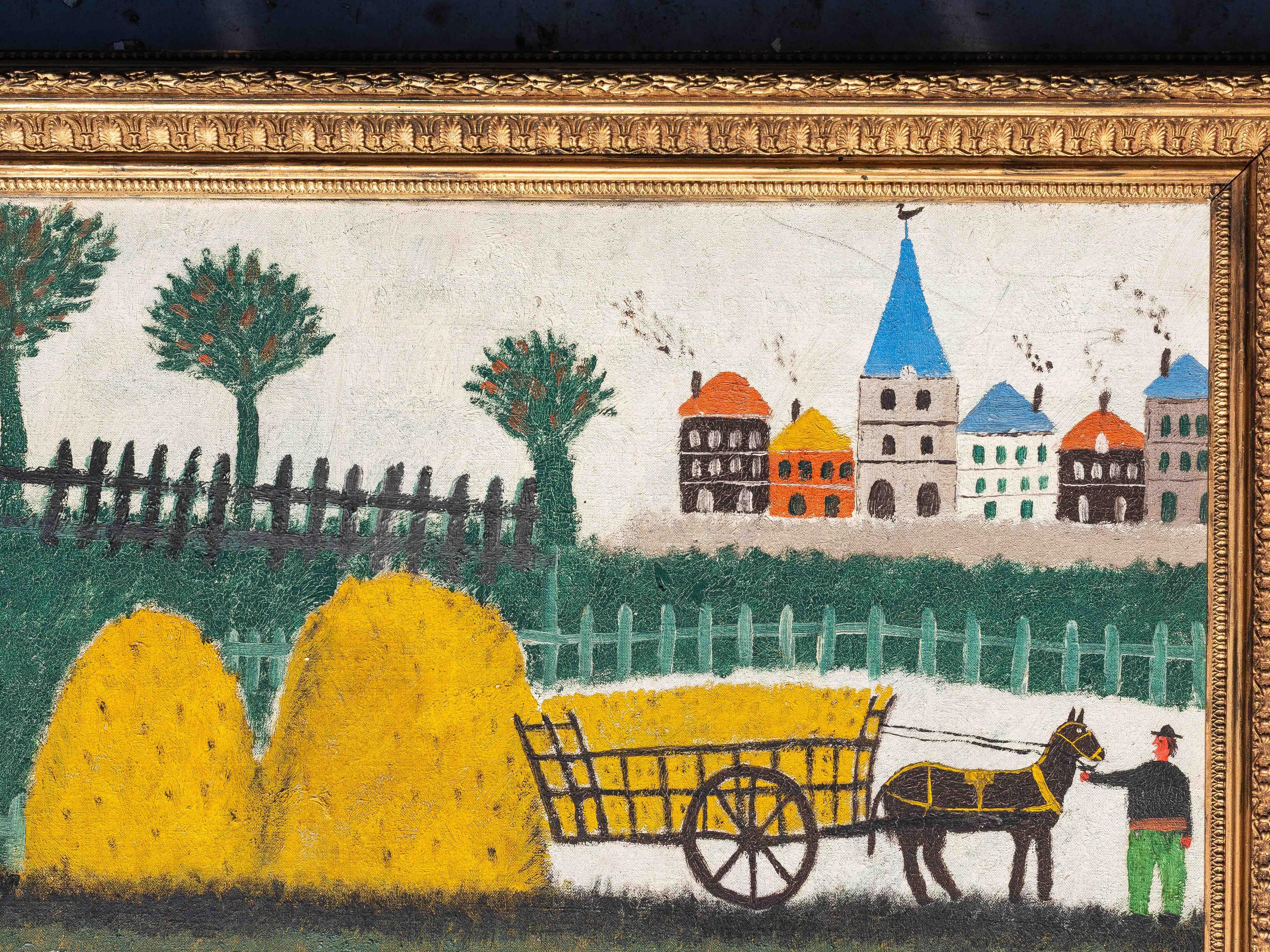 Pintura al óleo de arte naïf, paisaje campestre, pueblo y campesinos, Francia años 50 en venta 2