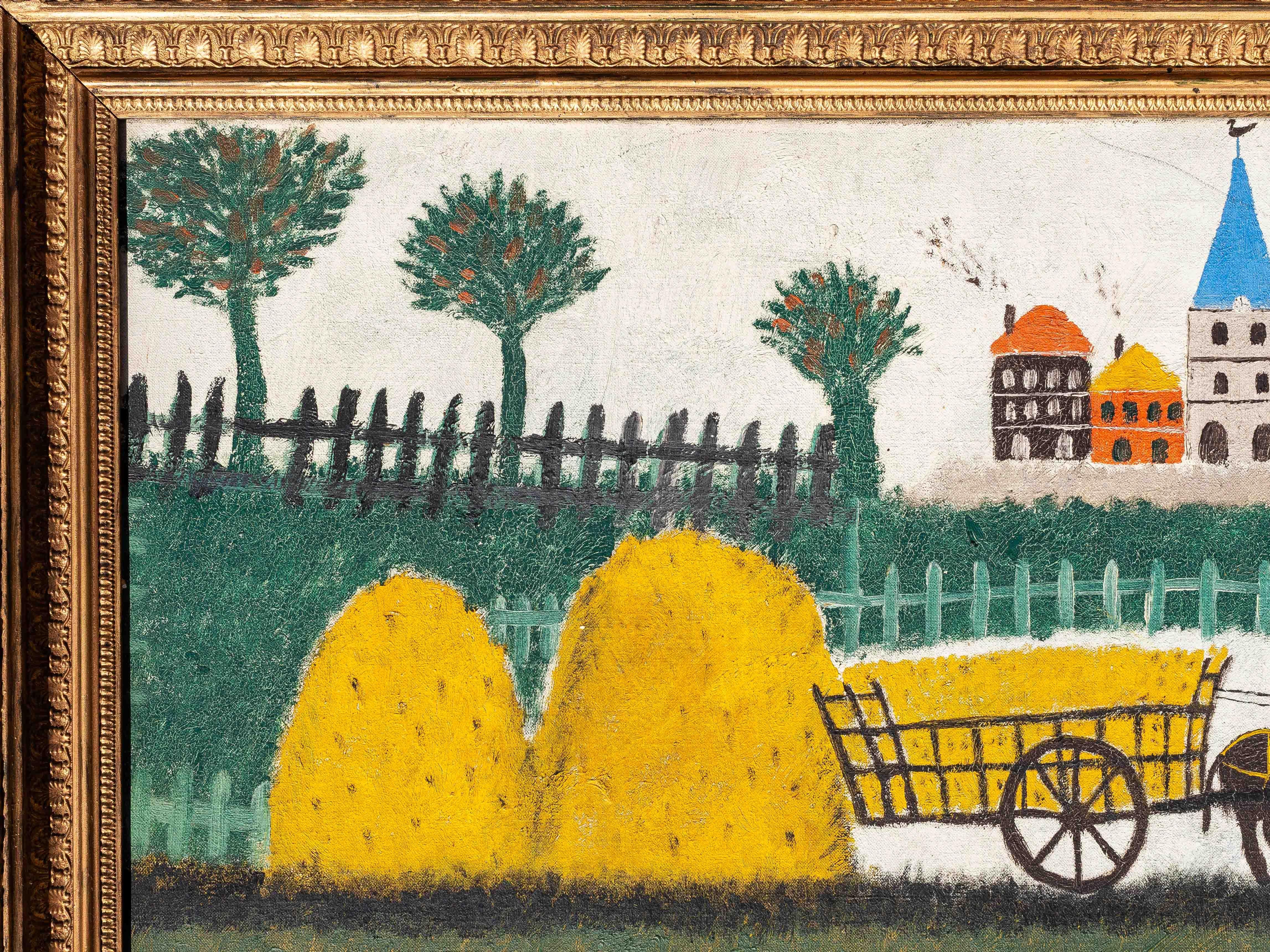 Pintura al óleo de arte naïf, paisaje campestre, pueblo y campesinos, Francia años 50 en venta 3