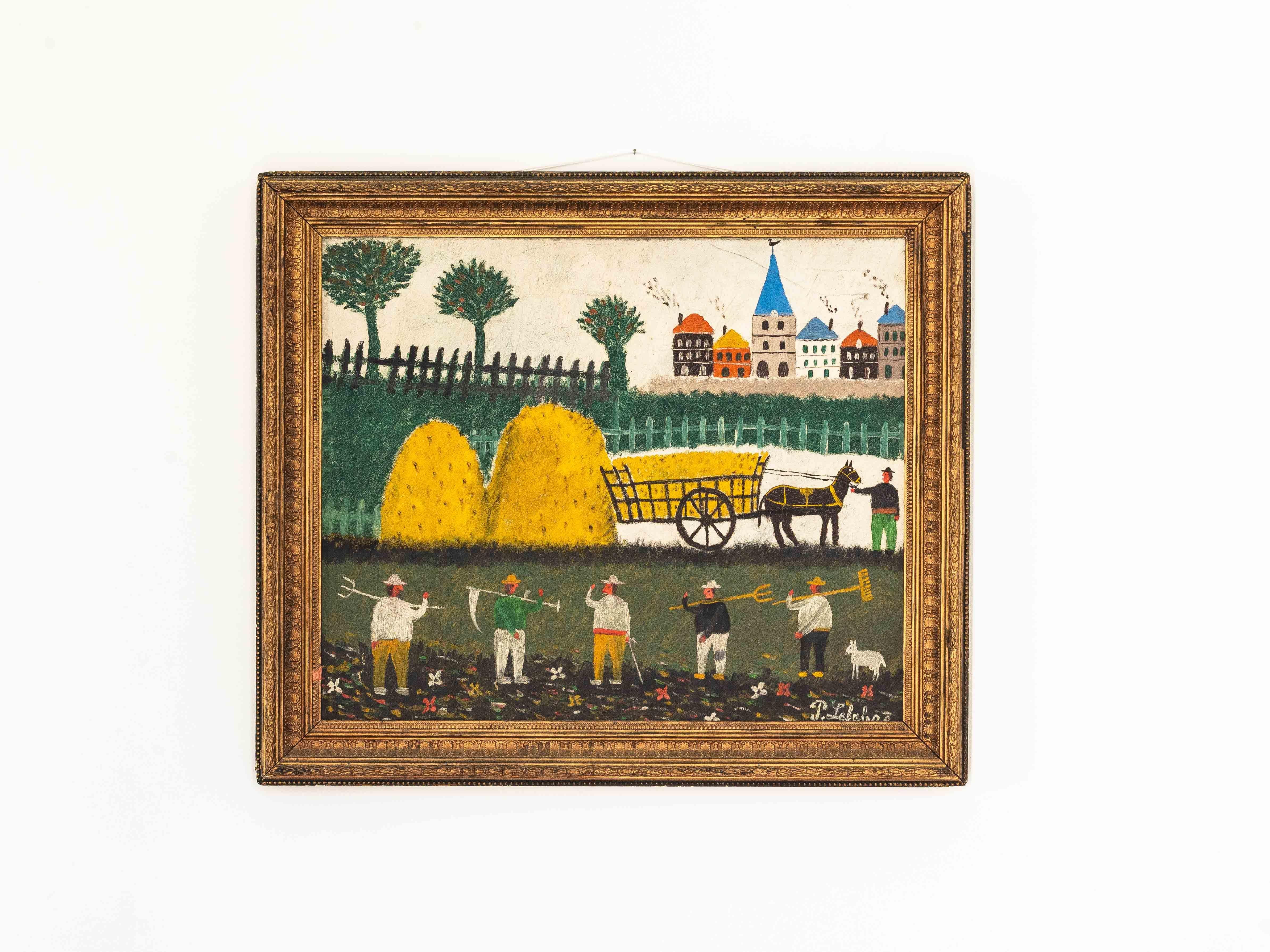 Pintura al óleo de arte naïf, paisaje campestre, pueblo y campesinos, Francia años 50

Firmado 