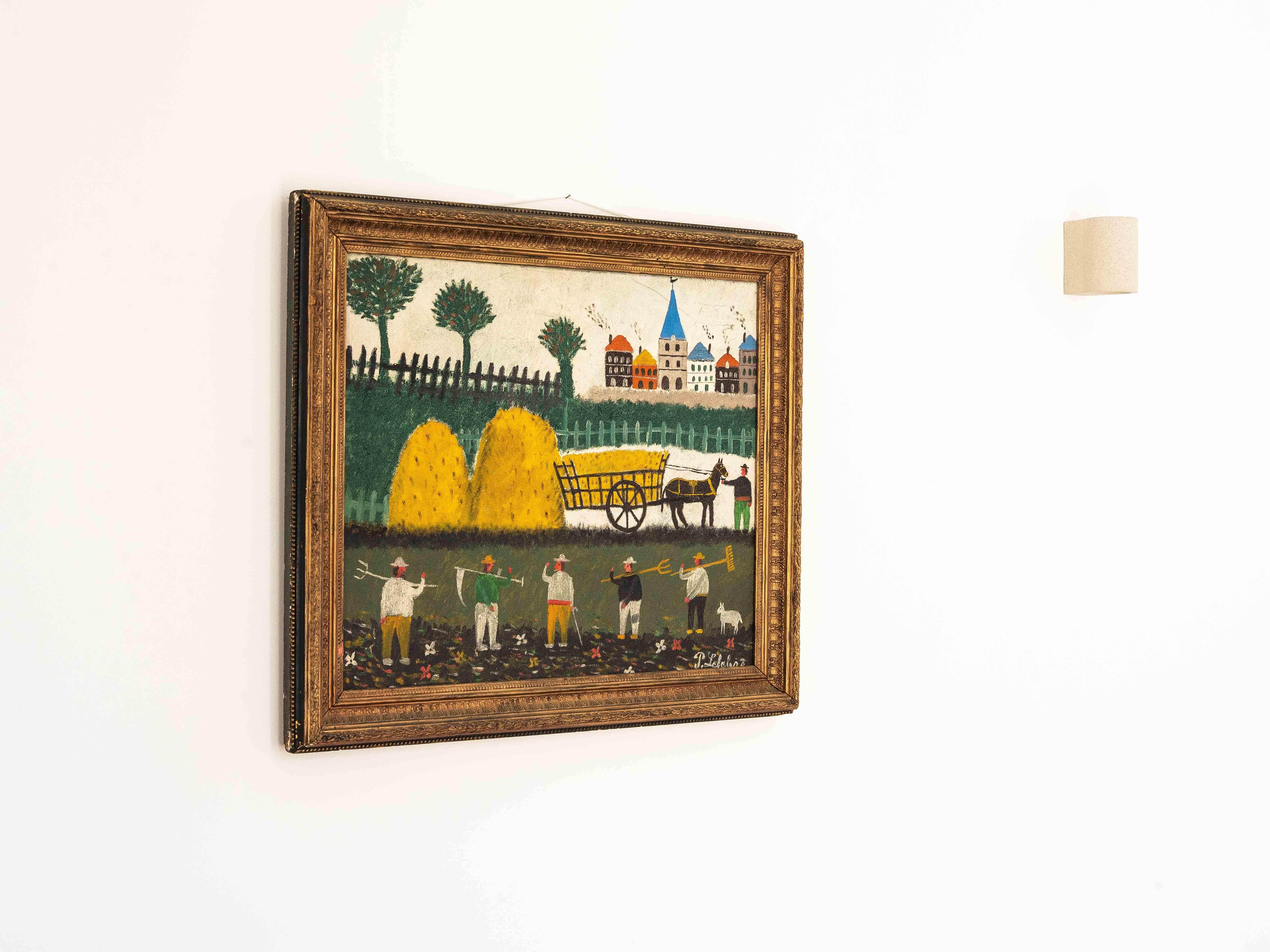 Pintura al óleo de arte naïf, paisaje campestre, pueblo y campesinos, Francia años 50 Moderno de mediados de siglo en venta