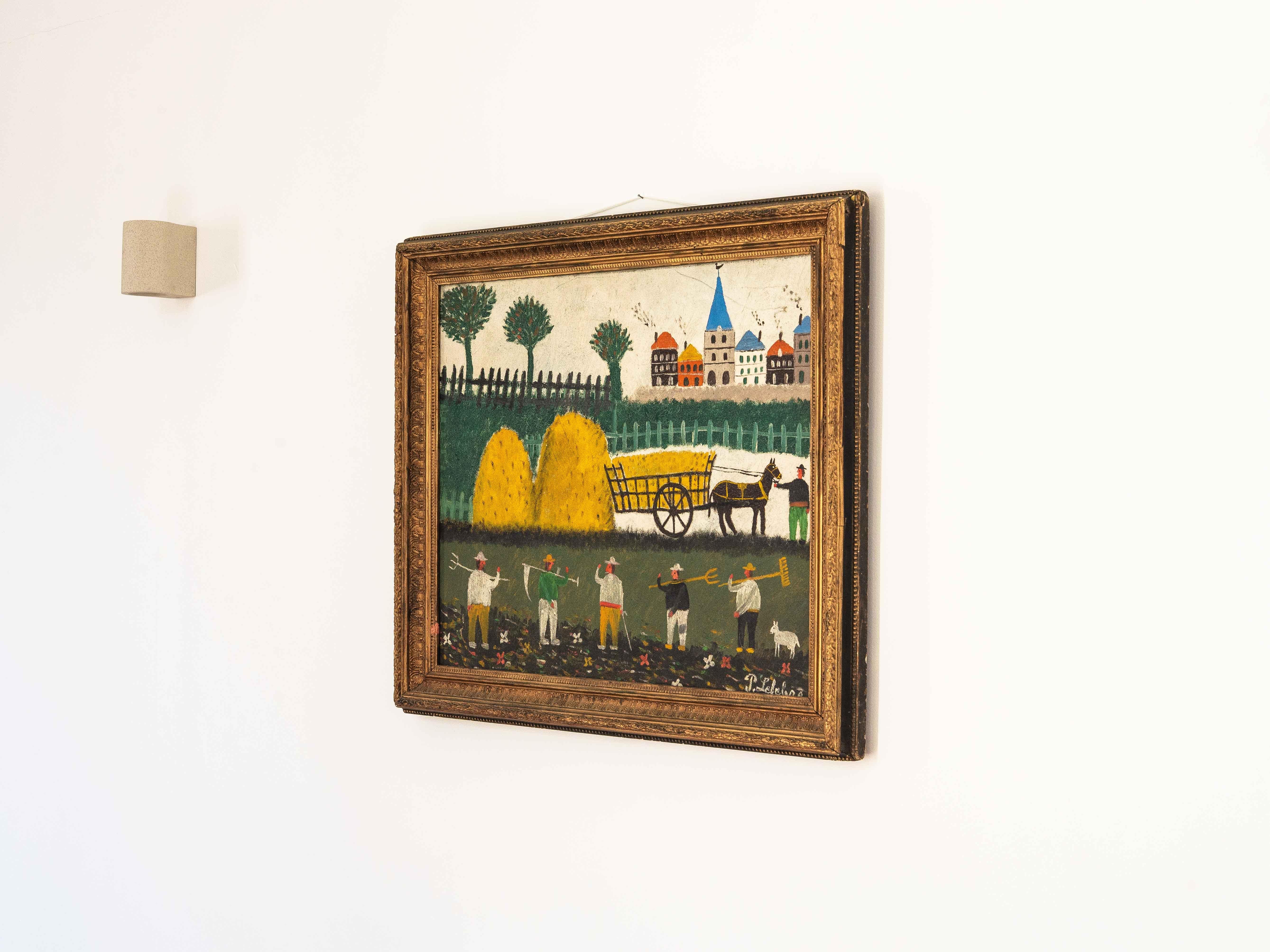 Pintura al óleo de arte naïf, paisaje campestre, pueblo y campesinos, Francia años 50 Francés en venta