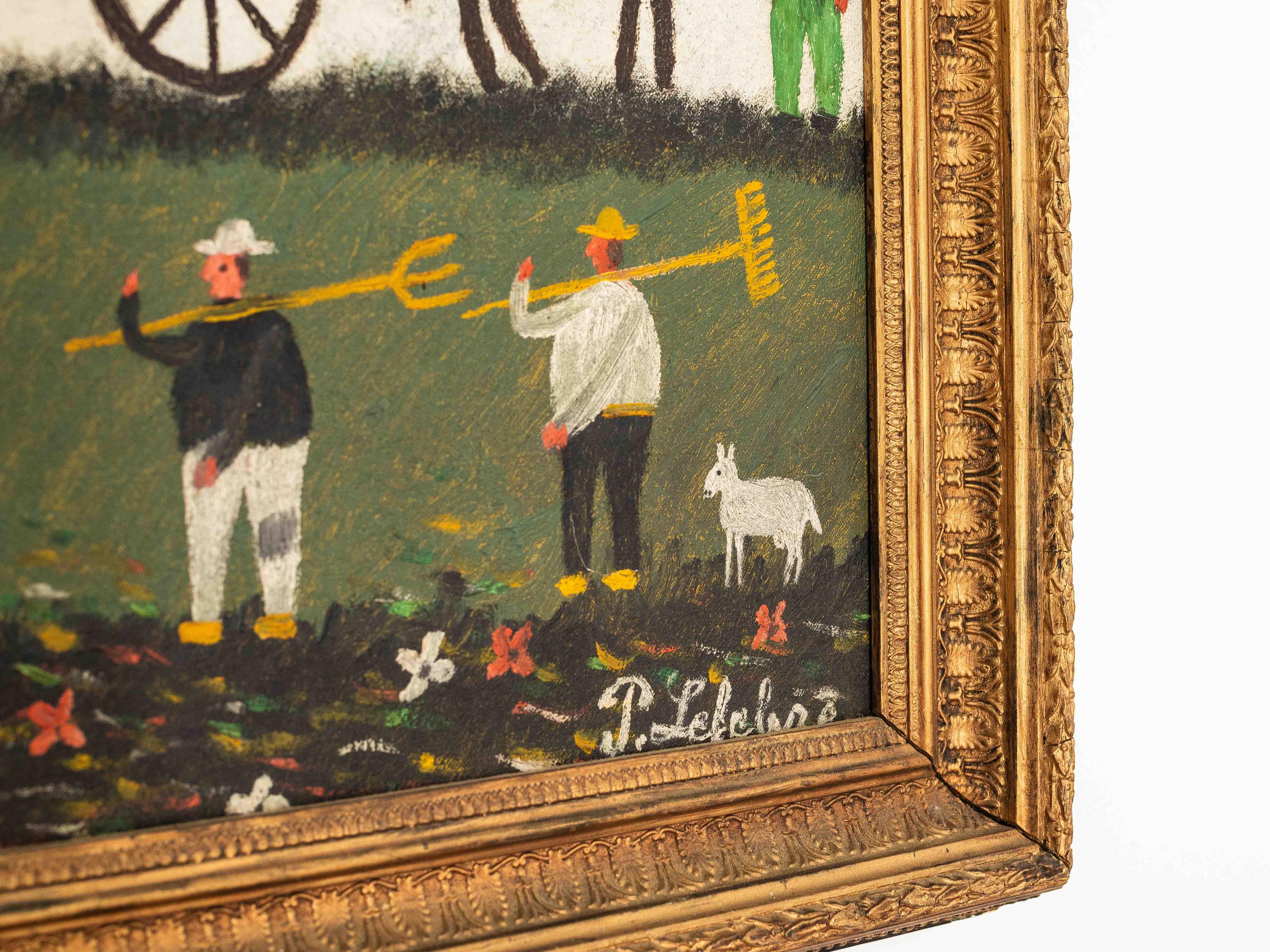 Pintura al óleo de arte naïf, paisaje campestre, pueblo y campesinos, Francia años 50 Pintado en venta