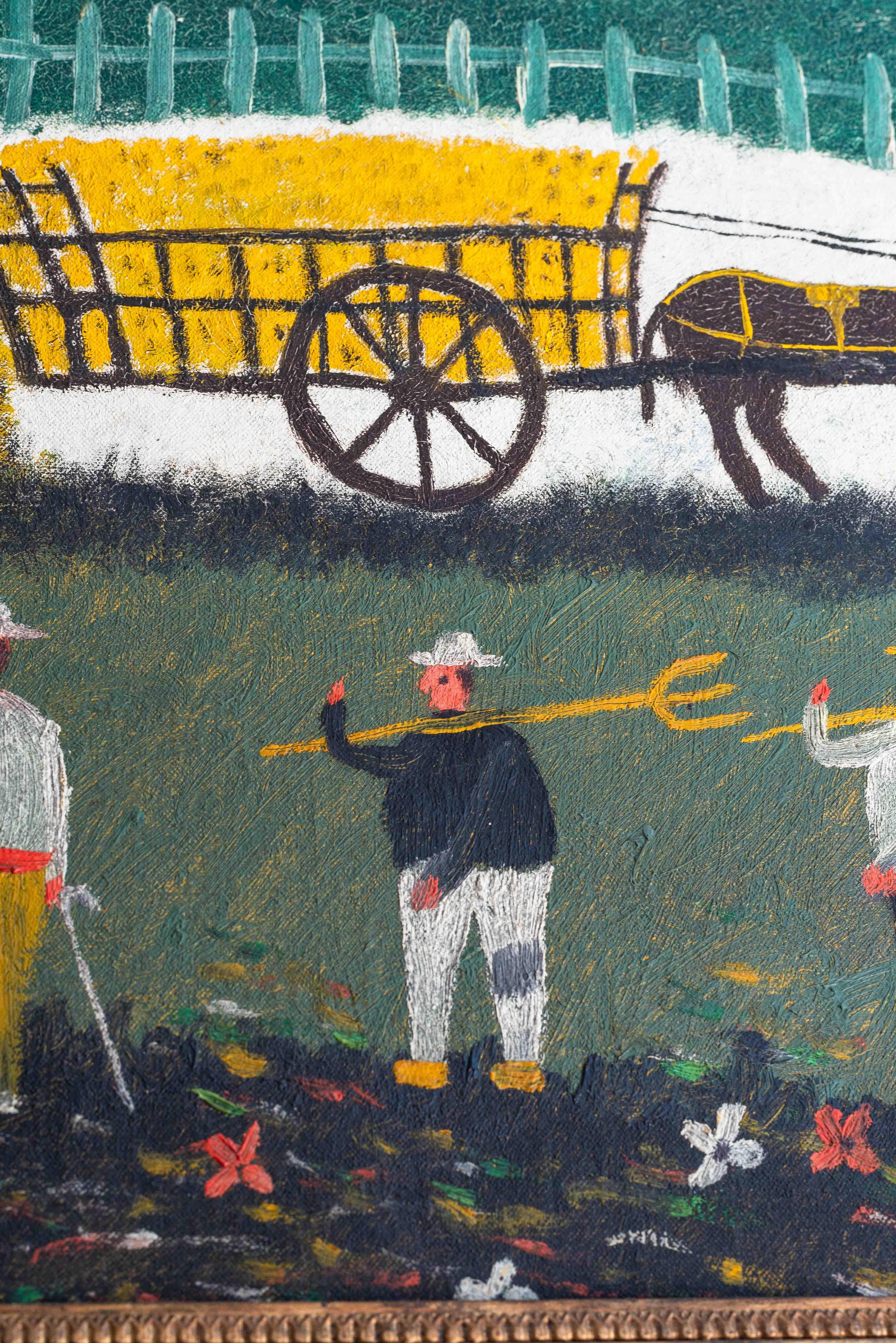Pintura al óleo de arte naïf, paisaje campestre, pueblo y campesinos, Francia años 50 en Bueno estado para la venta en ROUEN, FR