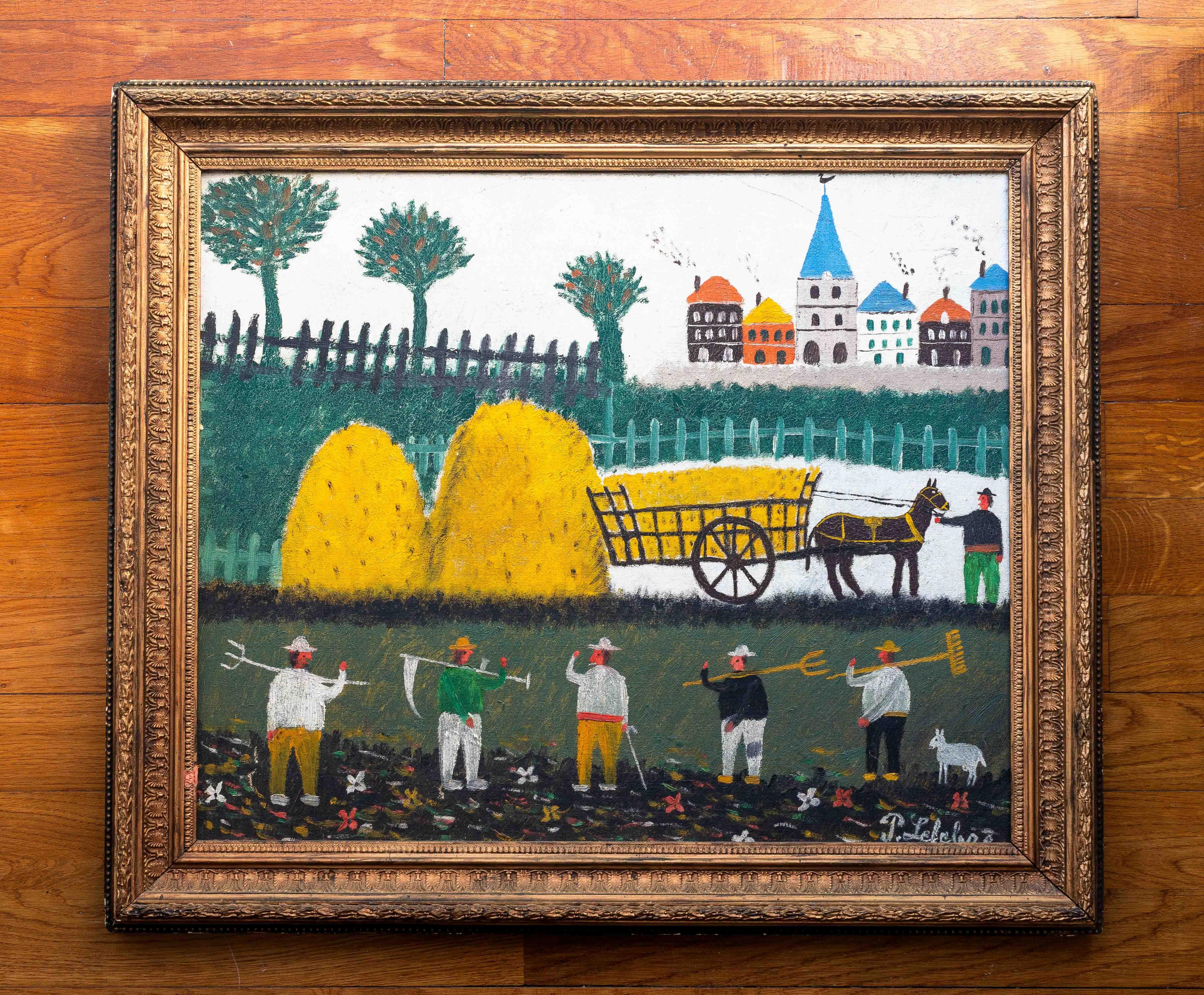 Pintura al óleo de arte naïf, paisaje campestre, pueblo y campesinos, Francia años 50 Lienzo en venta