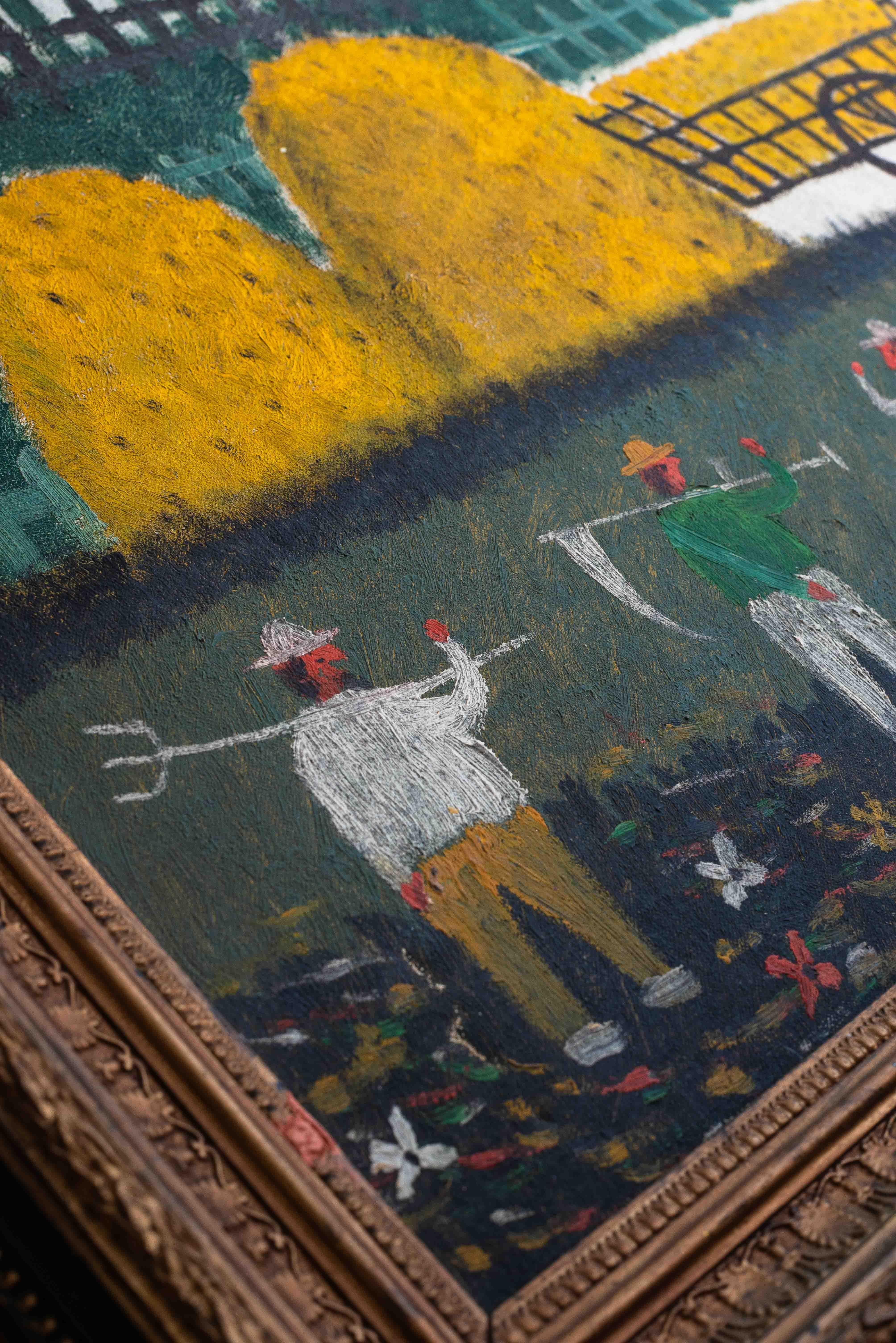 Pintura al óleo de arte naïf, paisaje campestre, pueblo y campesinos, Francia años 50 en venta 1
