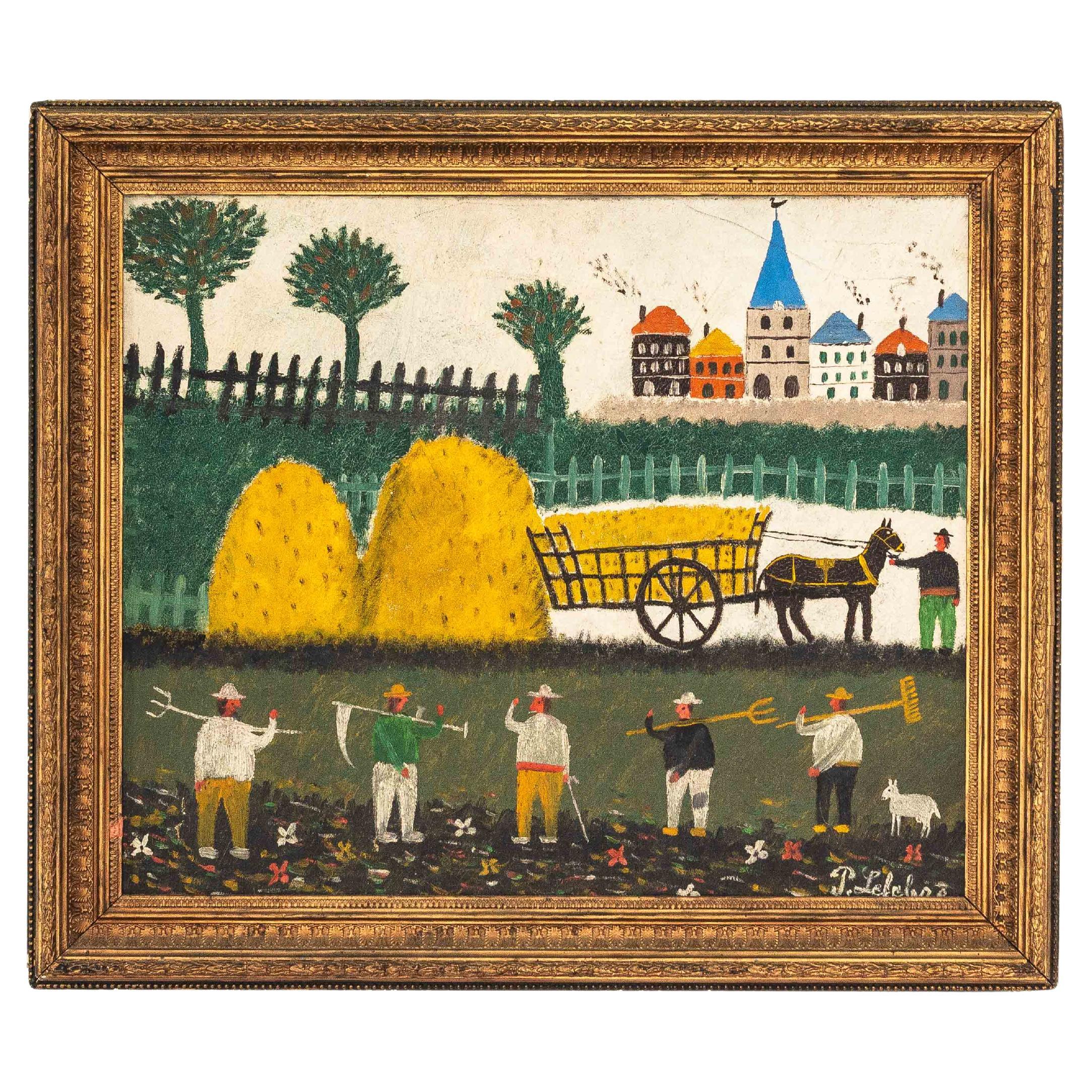 Naïve Art Oil Painting, Countryside Landscape, Village and Farmers, France 1950s