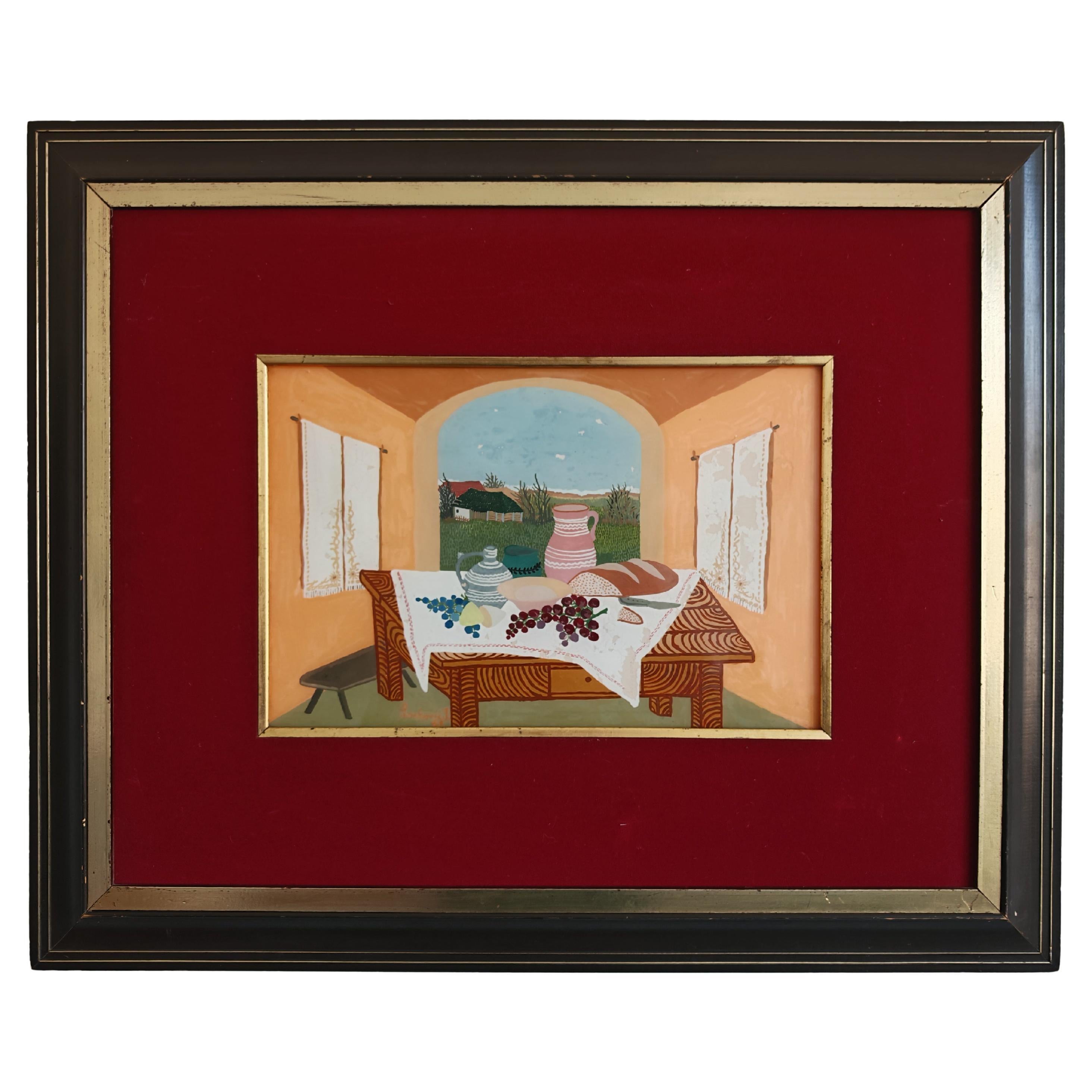 Peinture d
art naïf "Table de déjeuner" par Ivan Lacković Croata, Yougoslavie 1961