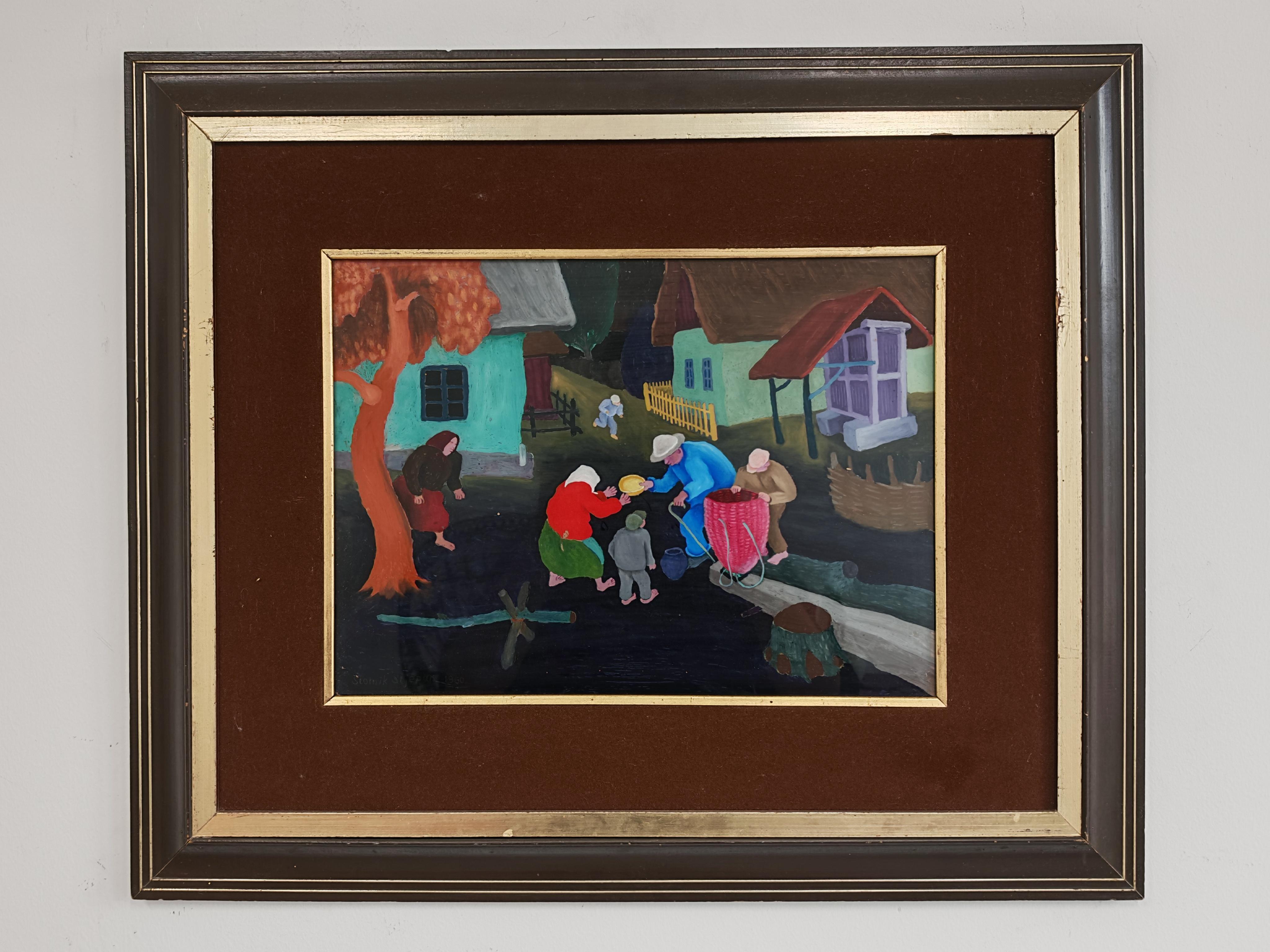 In diesem Verzeichnis finden Sie ein Gemälde im Stil der Naiven Kunst des jugoslawischen Künstlers Stjepan Stolnik. Das Gemälde zeigt eine Dorfszene mit Menschen, die ihren täglichen Aktivitäten nachgehen, und ist in schönen Farbtönen gehalten. Das