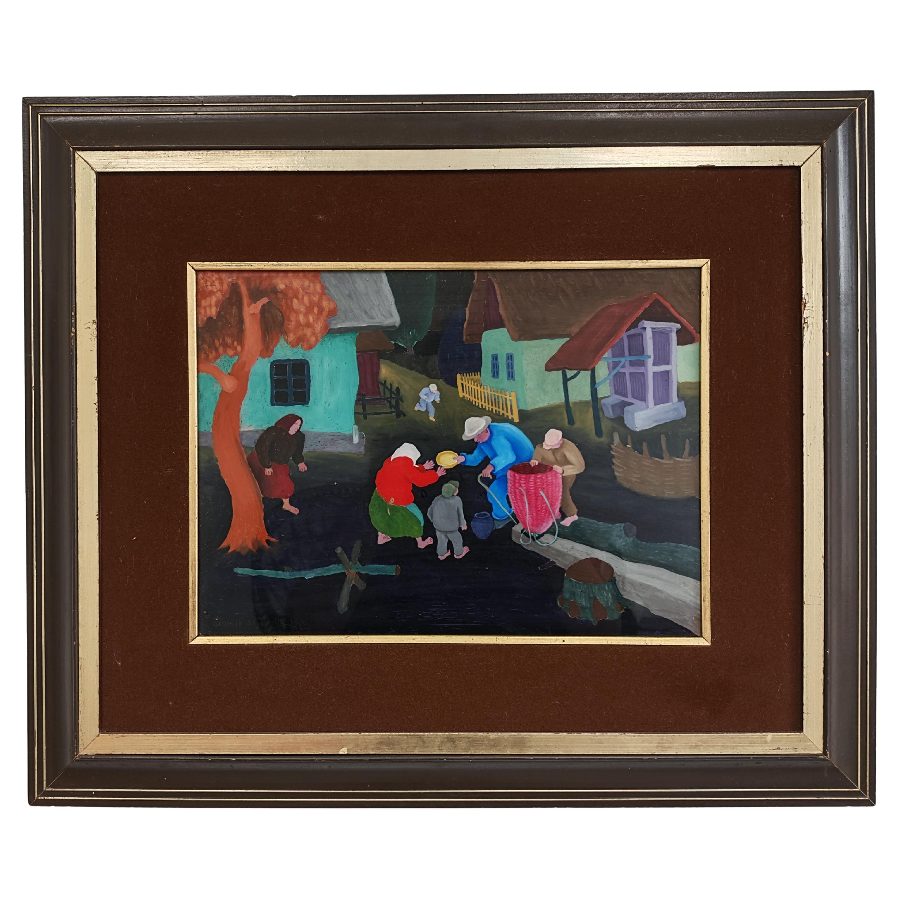 Peinture d'art naïf, "Scène de village" par Stjepan Stolnik, Yougoslavie 1960