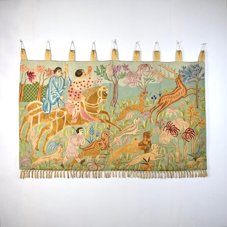 Naive art style silk chain stitch tapestry, 1920-1940, France at