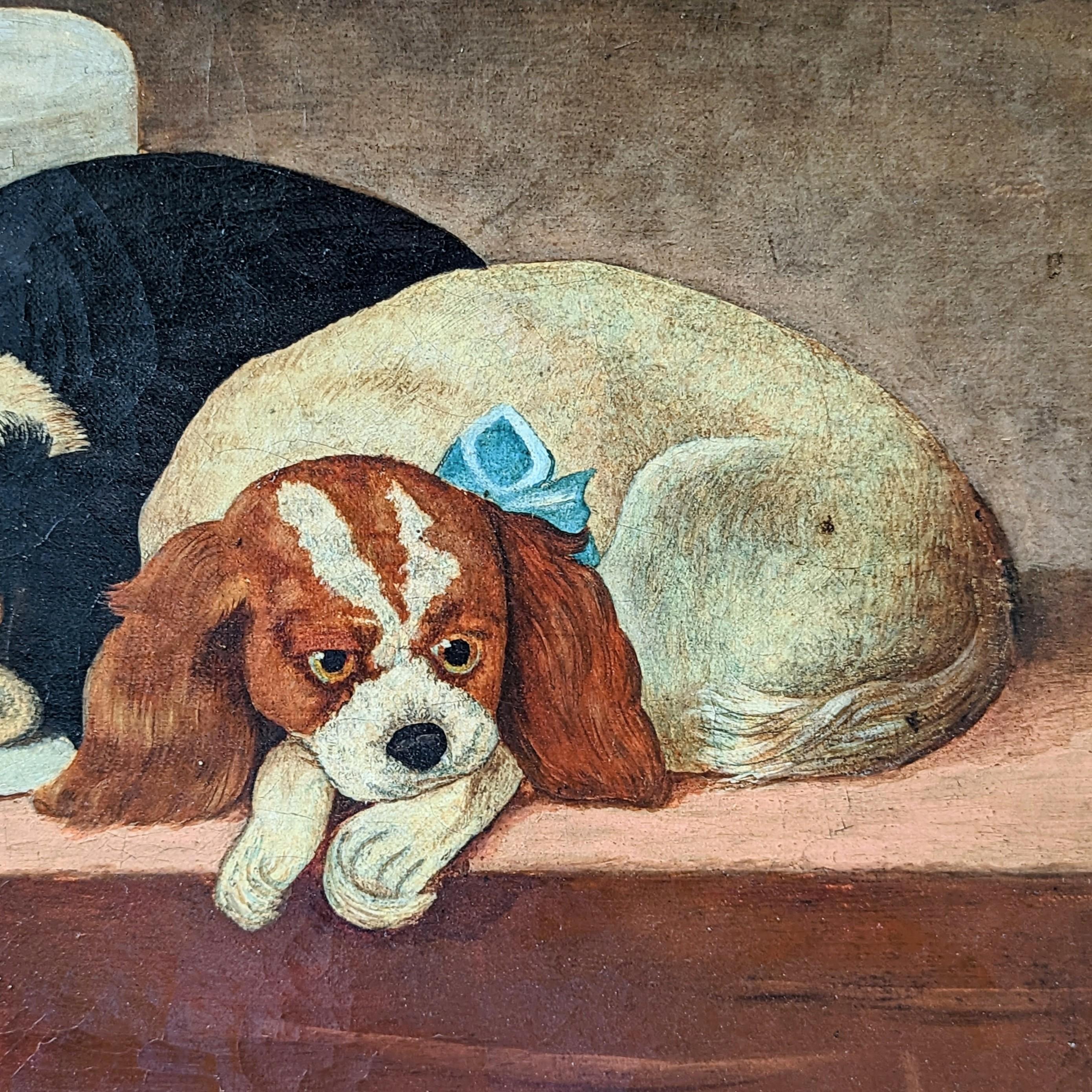 A wonderful naive portrait of two cavalier King Charles Spaniels, resting against a cavalier's feathered hat.

Oil on canvas in its original oak frame.

In excellent condition.

Signed: A.Mead, Derby. 1886

English - Late 19th century.