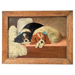 Antique Naive Cavalier King Charles Spaniels Portrait Painting
