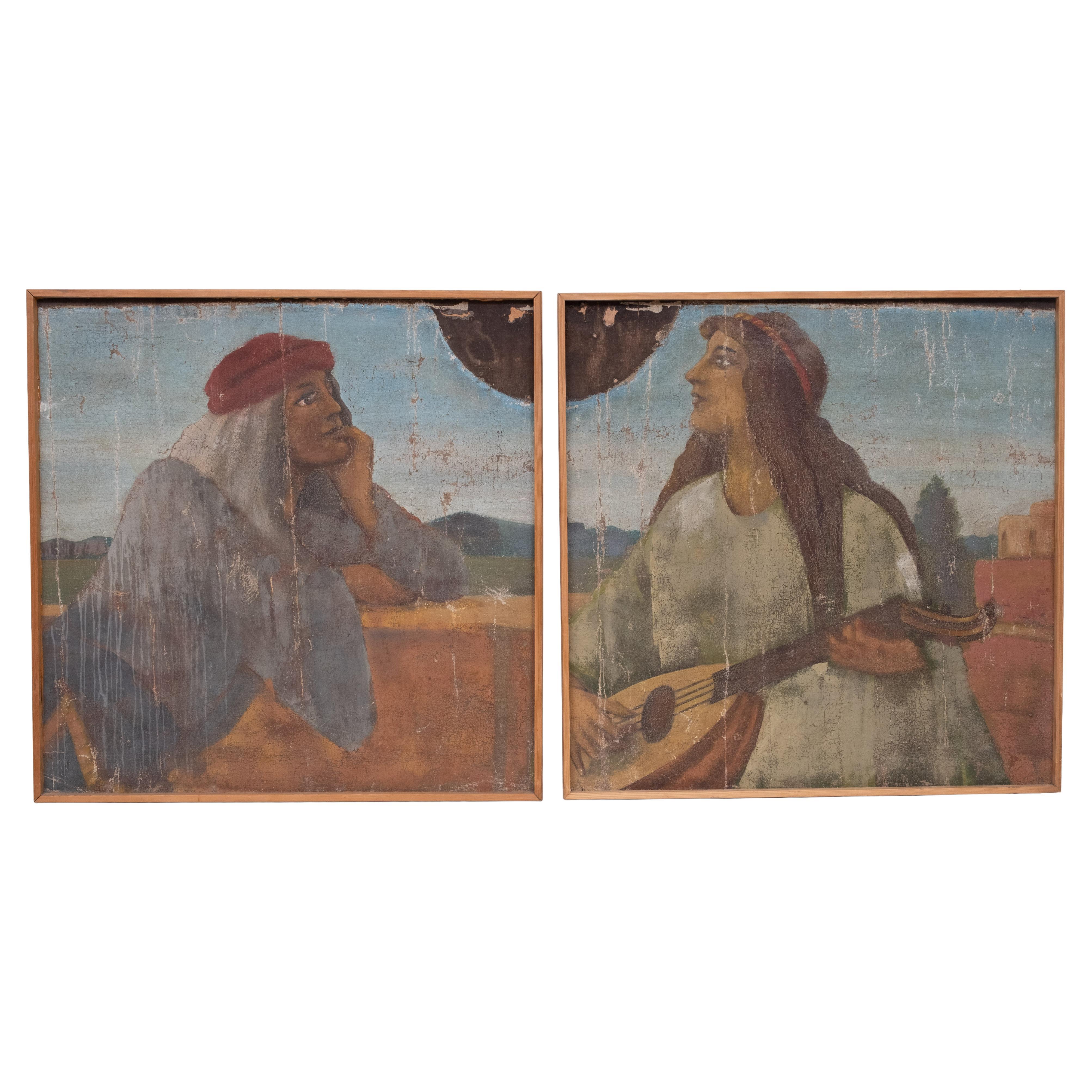 Naive decorative antiques Paintings ''Two Lovers'' Italy