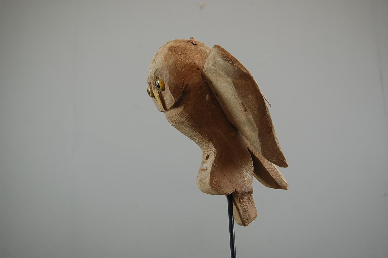 Primitive Owl decoy, removable wings, dry surface finish, original painted beak and glass eyes. France, circa 1930. Marked or signed BM.