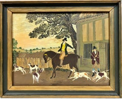 Folk Art Naive English Oil Painting Country Gentleman on Horseback with Hounds
