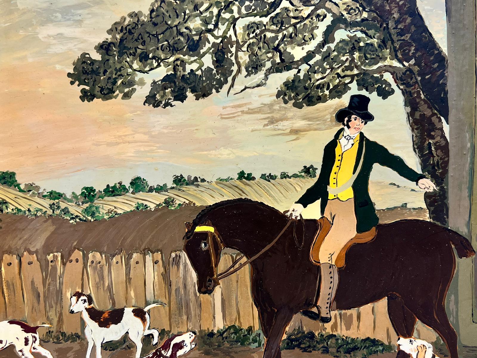 Folk Art Naive English Oil Painting Country Gentleman on Horseback with Hounds For Sale 1