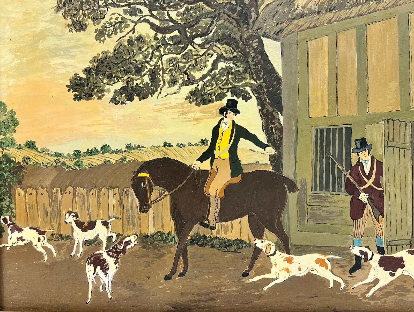 Peinture à l'huile artisanale anglaise naïve - Gentleman de campagne à cheval avec chiens