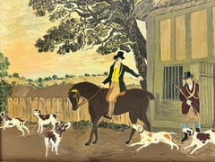 Folk Art Naive English Oil Painting Country Gentleman on Horseback with Hounds