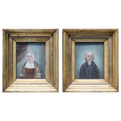 Naive English School Pair Half Length Portraits in Original Gilt Frames