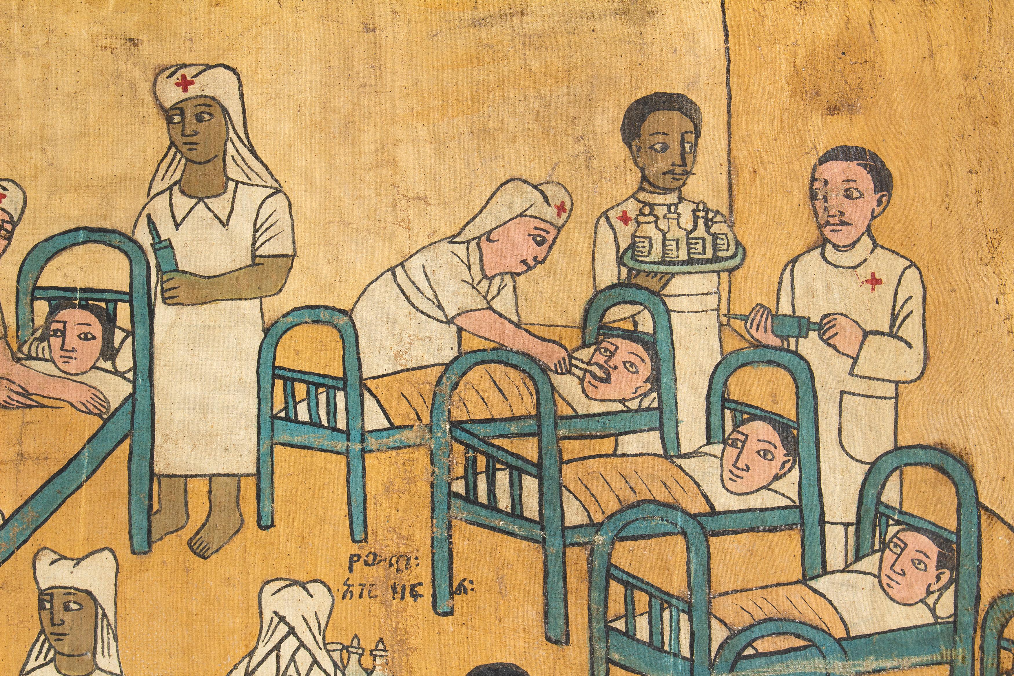 Naive Ethiopian Painting Hospital Scene, 1970s In Good Condition For Sale In Budapest, HU