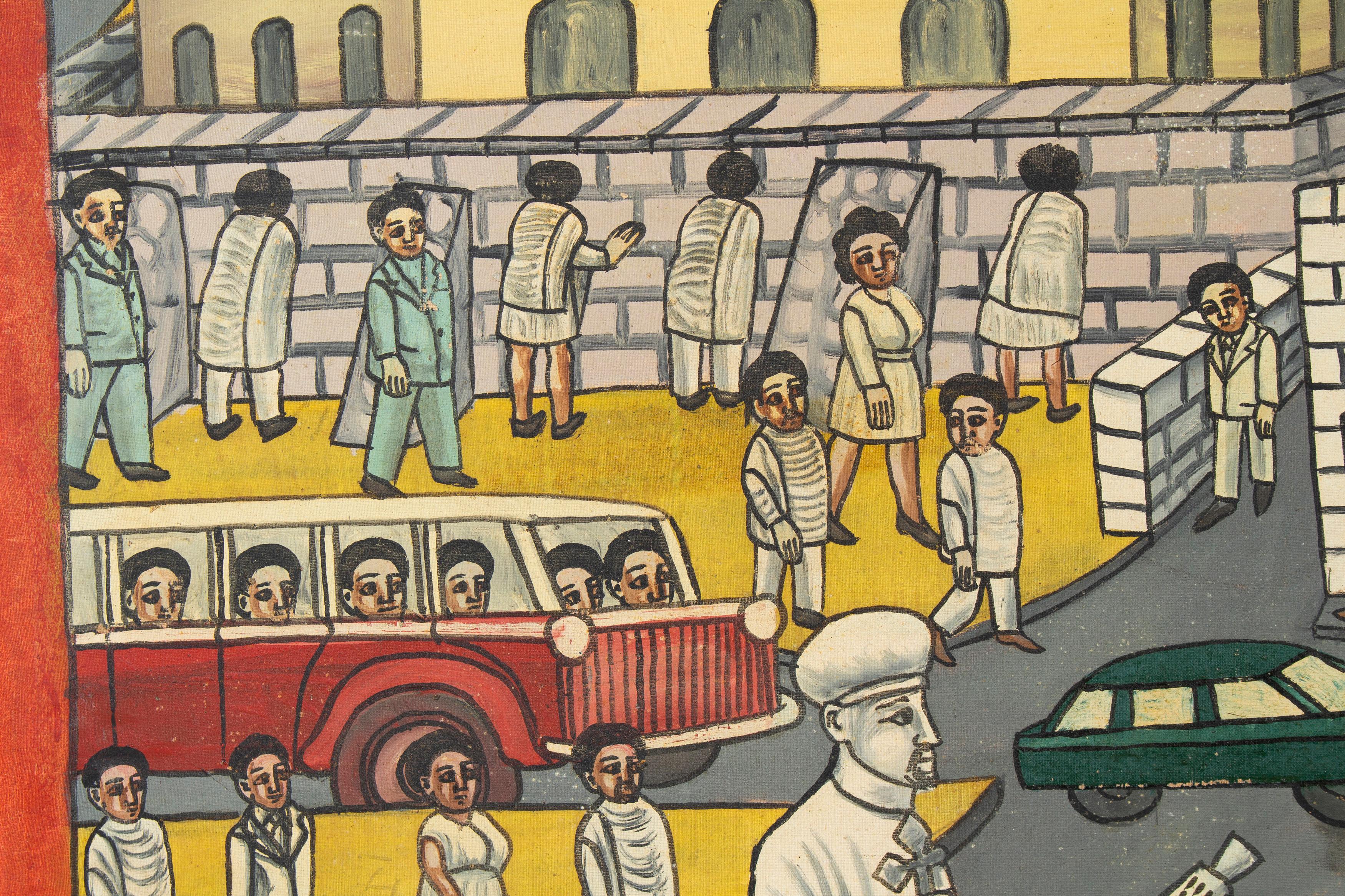 Naive Ethiopian painting, Traffic in Addis Ababa, 1970s.
with Ge'ez language inscriptions.
  