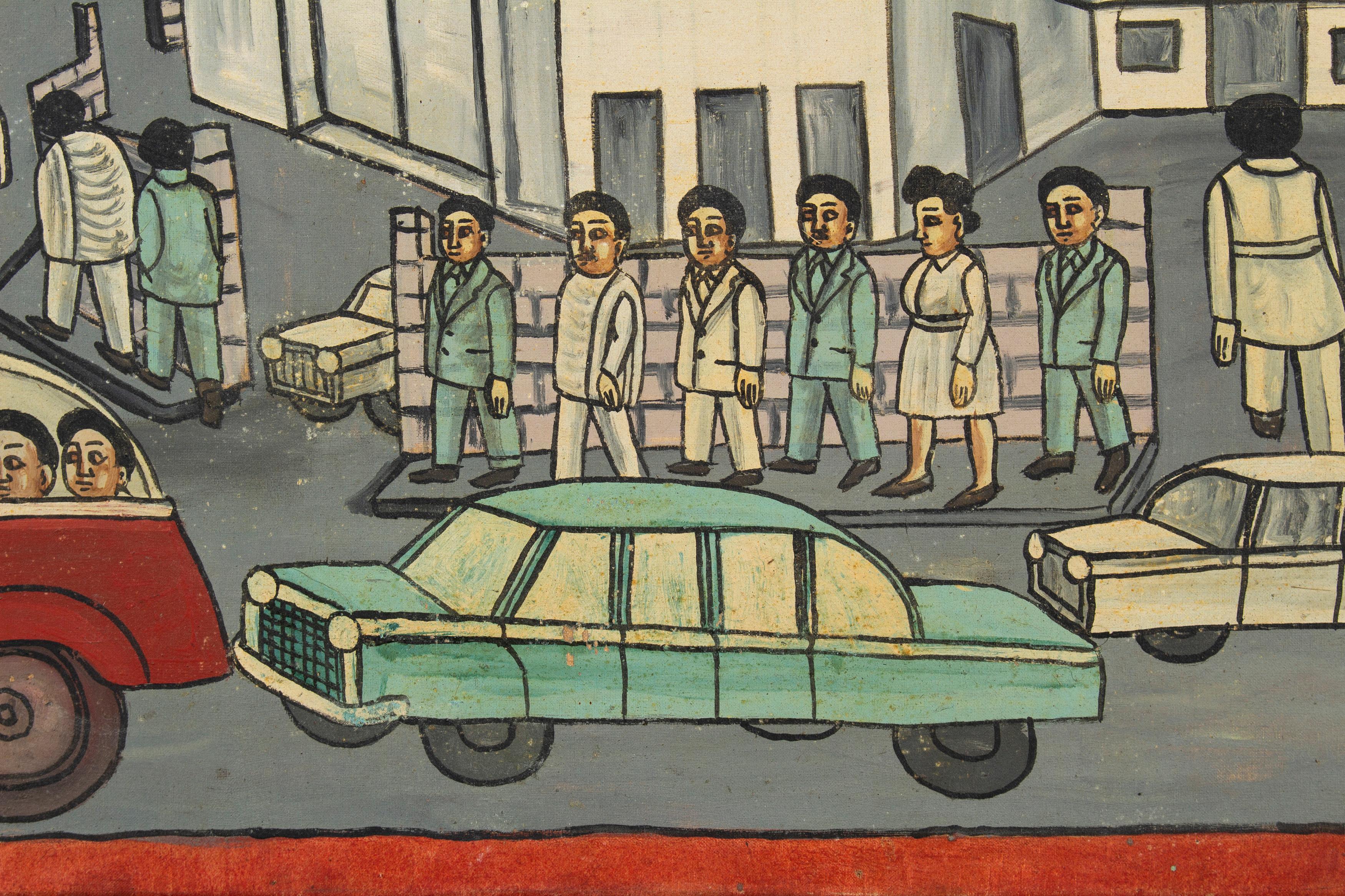 Naive Ethiopian Painting, Traffic in Addis Ababa, 1970s In Good Condition For Sale In Budapest, HU